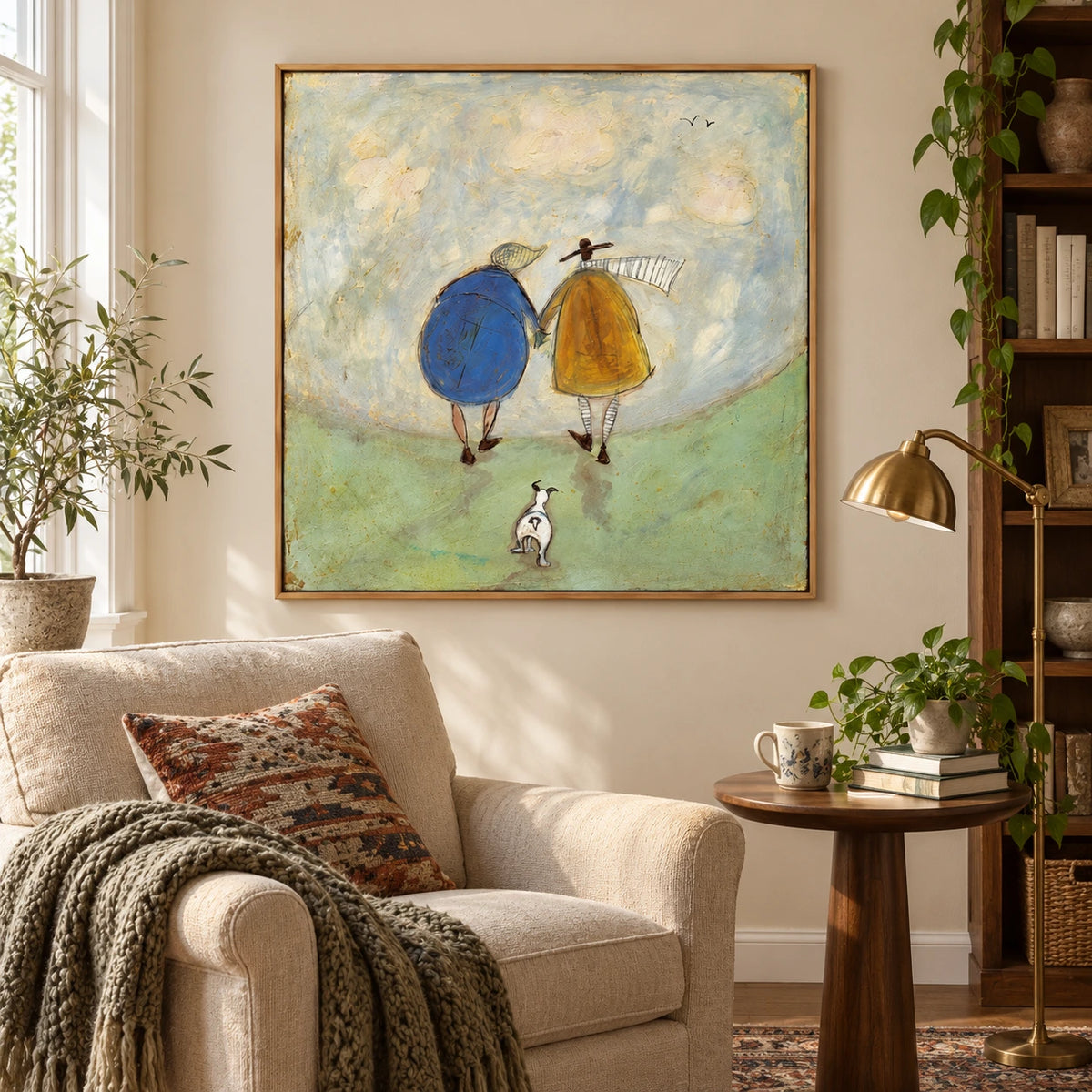 Couple Walking with Small Dog Oil Painting | Blue and Mustard Coats Green Hill Whimsical Square Folk Wall Art OA 1772