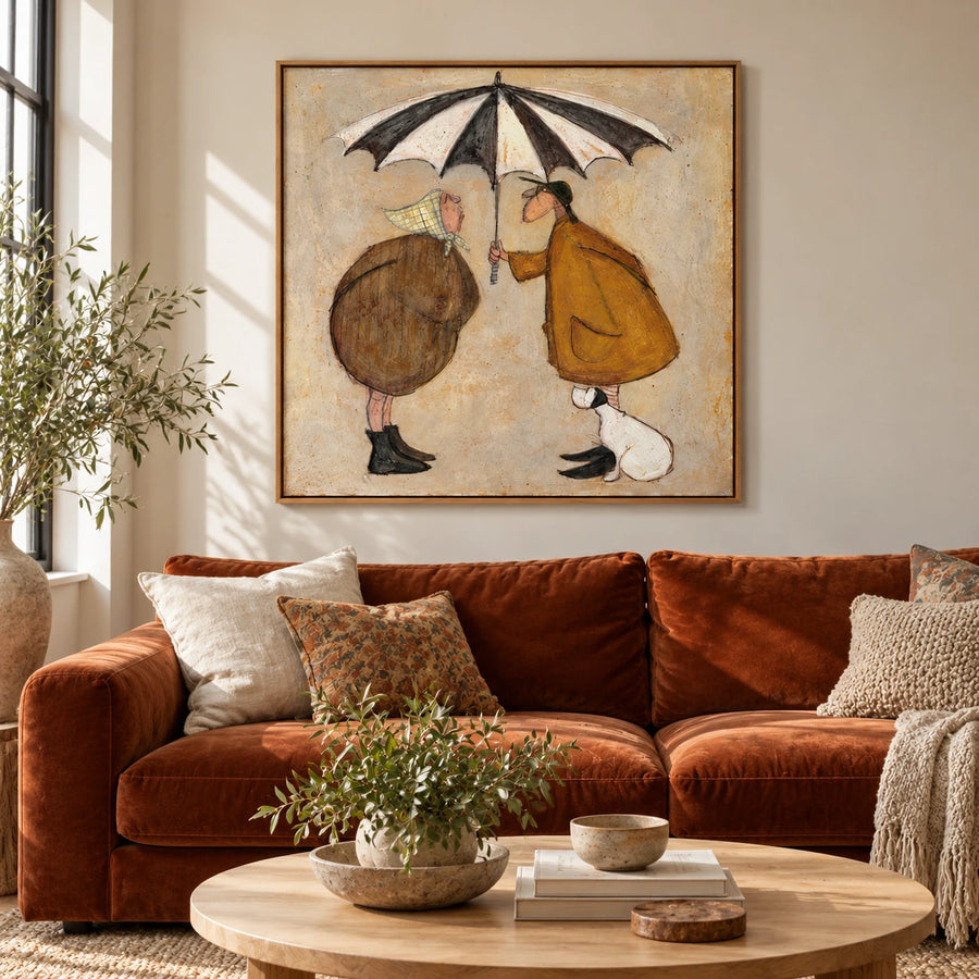 Couple under Striped Umbrella Oil Painting | White Dog and Ochre Coats Whimsical Square Folk Wall Art #OA 1713