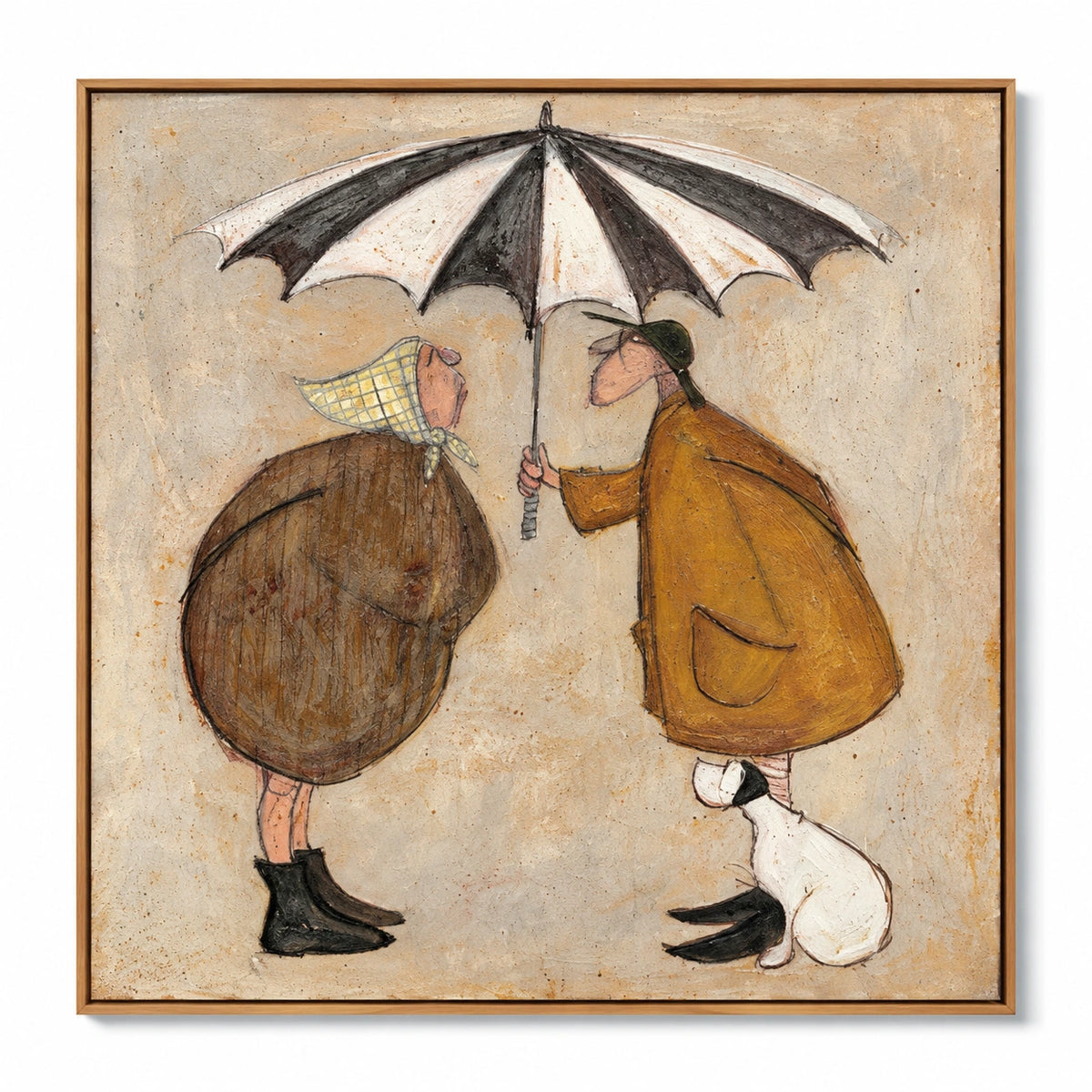Couple under Striped Umbrella Oil Painting | White Dog and Ochre Coats Whimsical Square Folk Wall Art #OA 1713