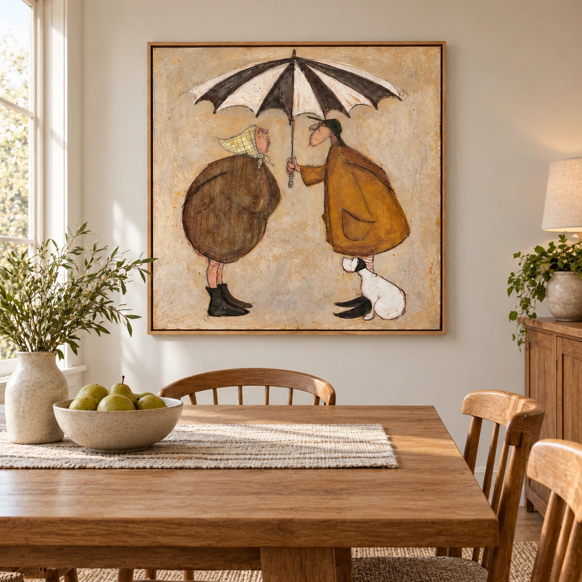 Couple under Striped Umbrella Oil Painting | White Dog and Ochre Coats Whimsical Square Folk Wall Art #OA 1713
