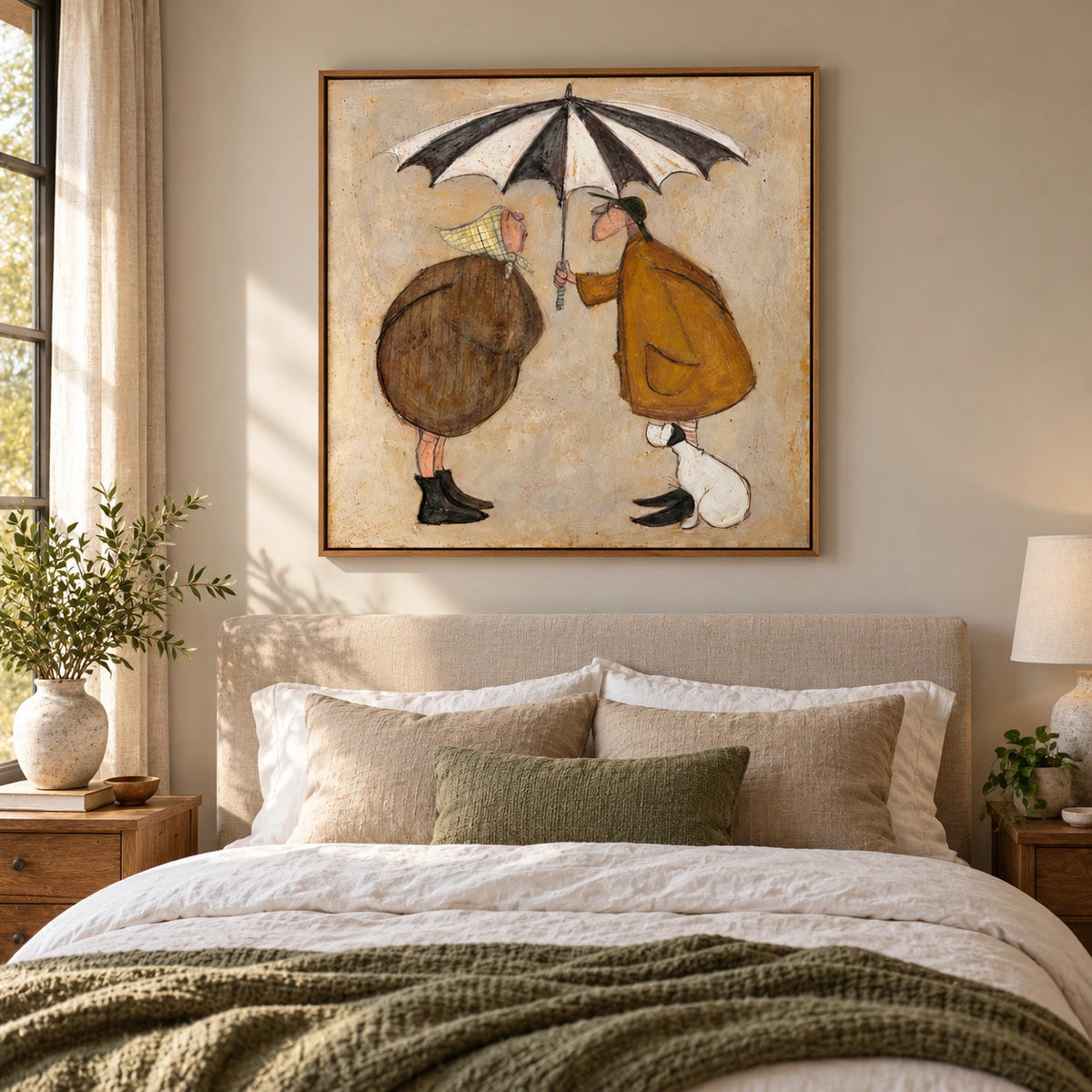 Couple under Striped Umbrella Oil Painting | White Dog and Ochre Coats Whimsical Square Folk Wall Art #OA 1713