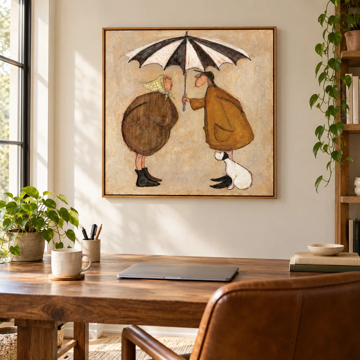 Couple under Striped Umbrella Oil Painting | White Dog and Ochre Coats Whimsical Square Folk Wall Art #OA 1713