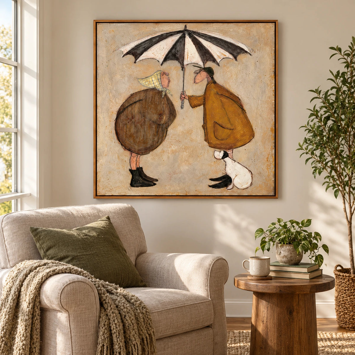 Couple under Striped Umbrella Oil Painting | White Dog and Ochre Coats Whimsical Square Folk Wall Art #OA 1713