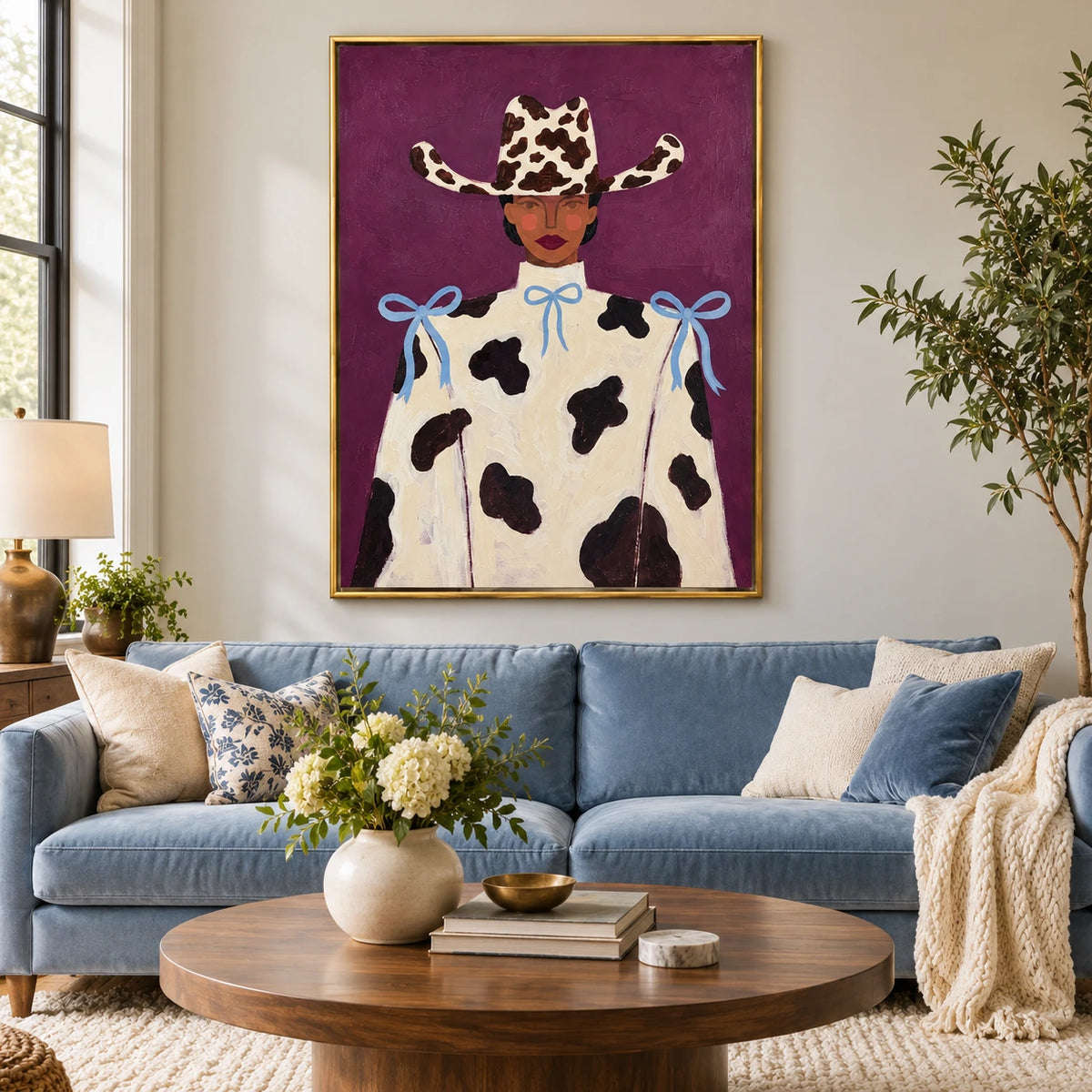 Cowgirl Portrait Oil Painting | Cow Print Hat Cream Outfit and Blue Bows on Purple Fashion Wall Art #OA 1682