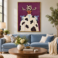 Cowgirl Portrait Oil Painting | Cow Print Hat Cream Outfit and Blue Bows on Purple Fashion Wall Art #OA 1682
