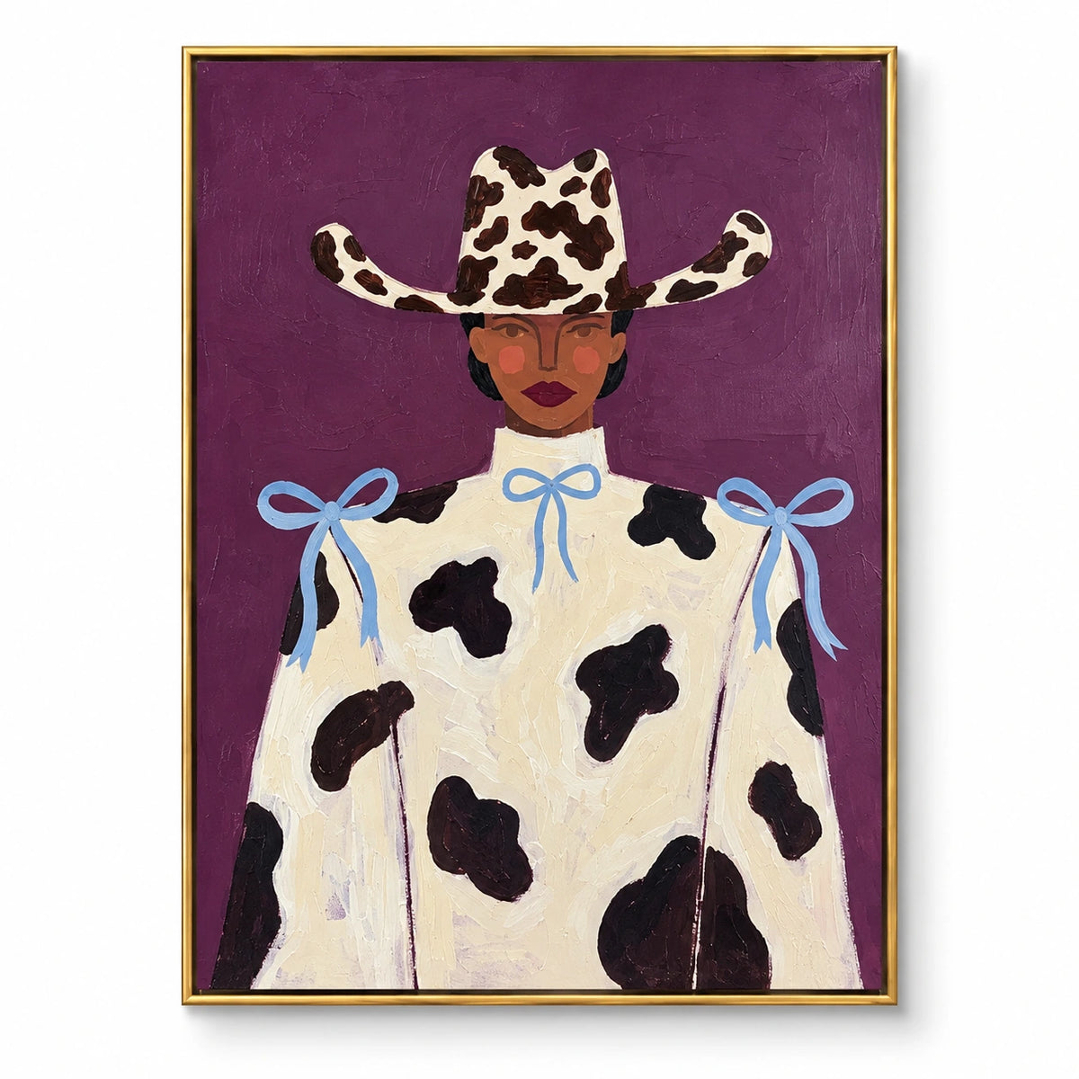 Cowgirl Portrait Oil Painting | Cow Print Hat Cream Outfit and Blue Bows on Purple Fashion Wall Art #OA 1682