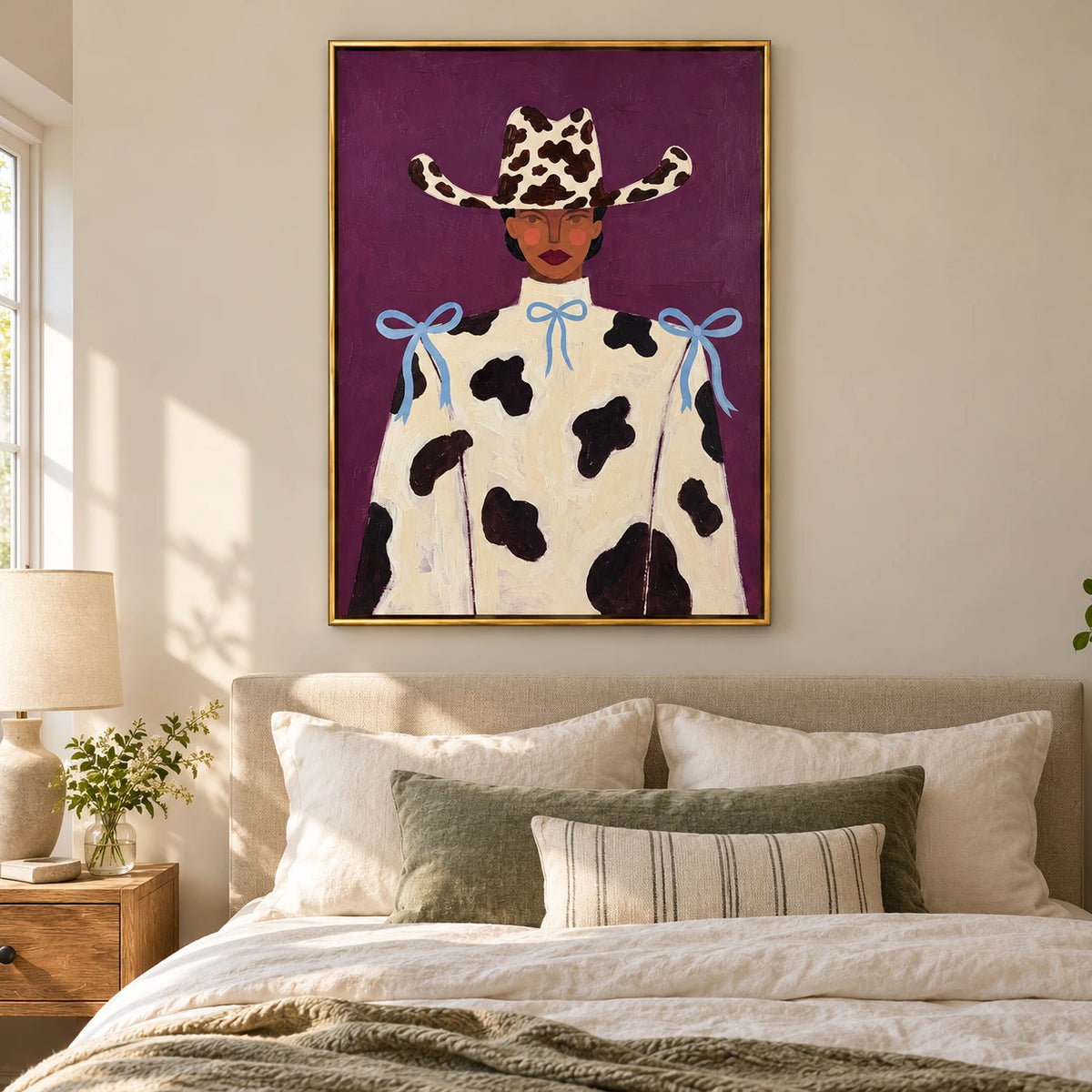 Cowgirl Portrait Oil Painting | Cow Print Hat Cream Outfit and Blue Bows on Purple Fashion Wall Art #OA 1682