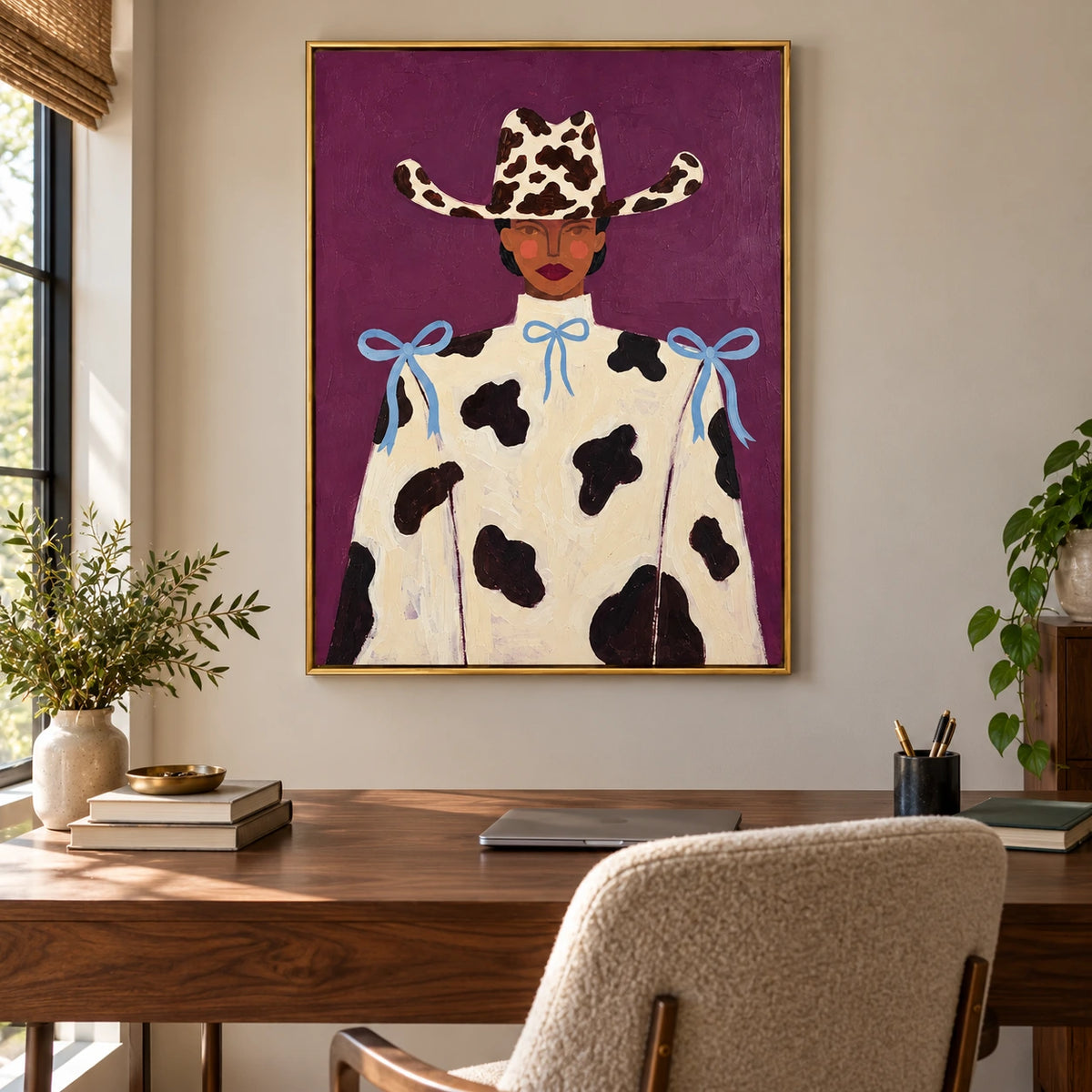 Cowgirl Portrait Oil Painting | Cow Print Hat Cream Outfit and Blue Bows on Purple Fashion Wall Art #OA 1682