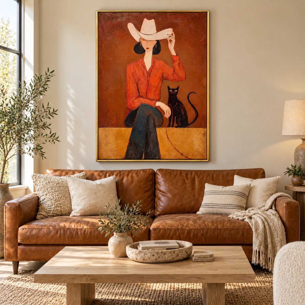 Cowgirl with Black Cat Oil Painting | Cream Cowboy Hat Orange Shirt and Rust Background Figurative Wall Art #OA 1690