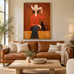 Cowgirl with Black Cat Oil Painting | Cream Cowboy Hat Orange Shirt and Rust Background Figurative Wall Art #OA 1690