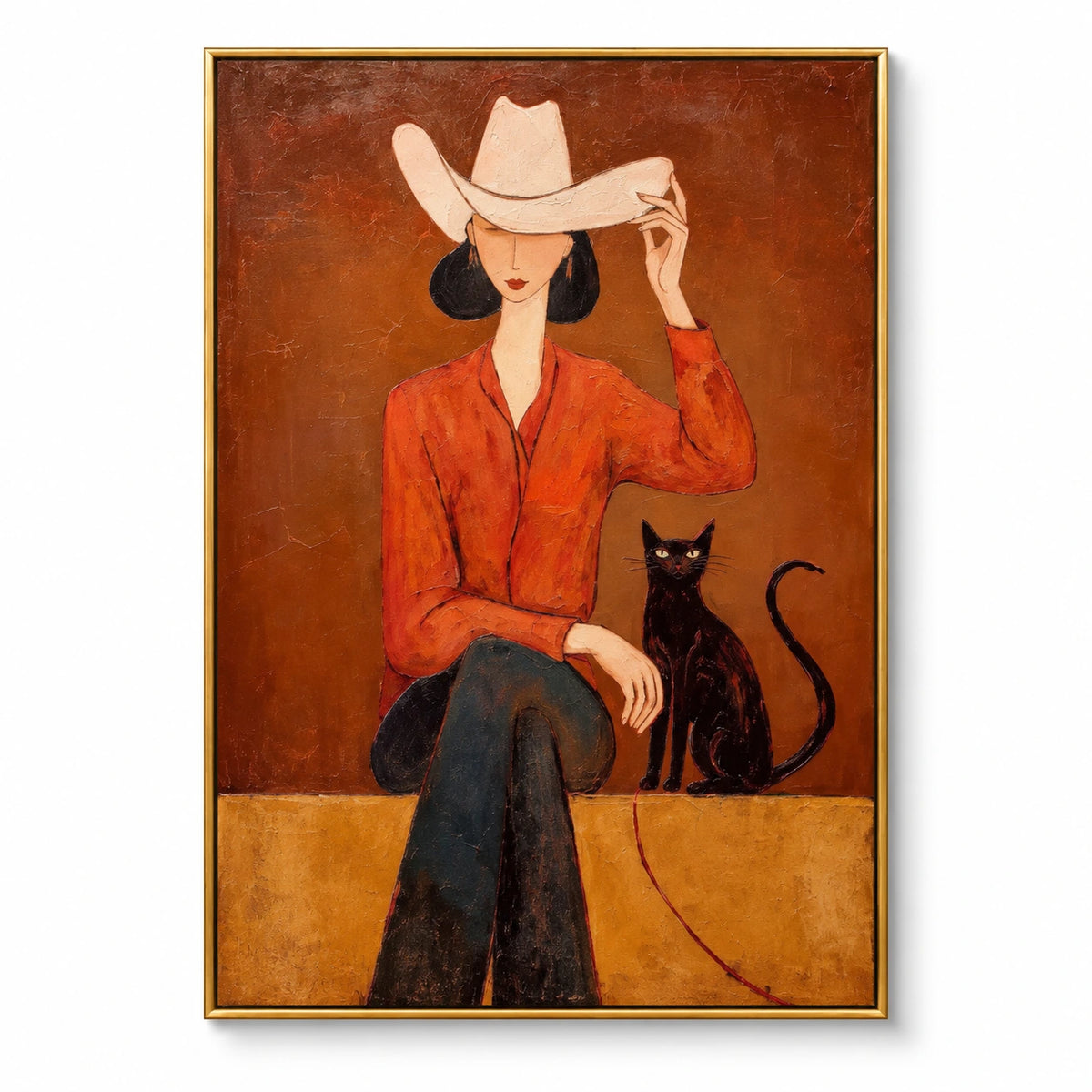 Cowgirl with Black Cat Oil Painting | Cream Cowboy Hat Orange Shirt and Rust Background Figurative Wall Art #OA 1690