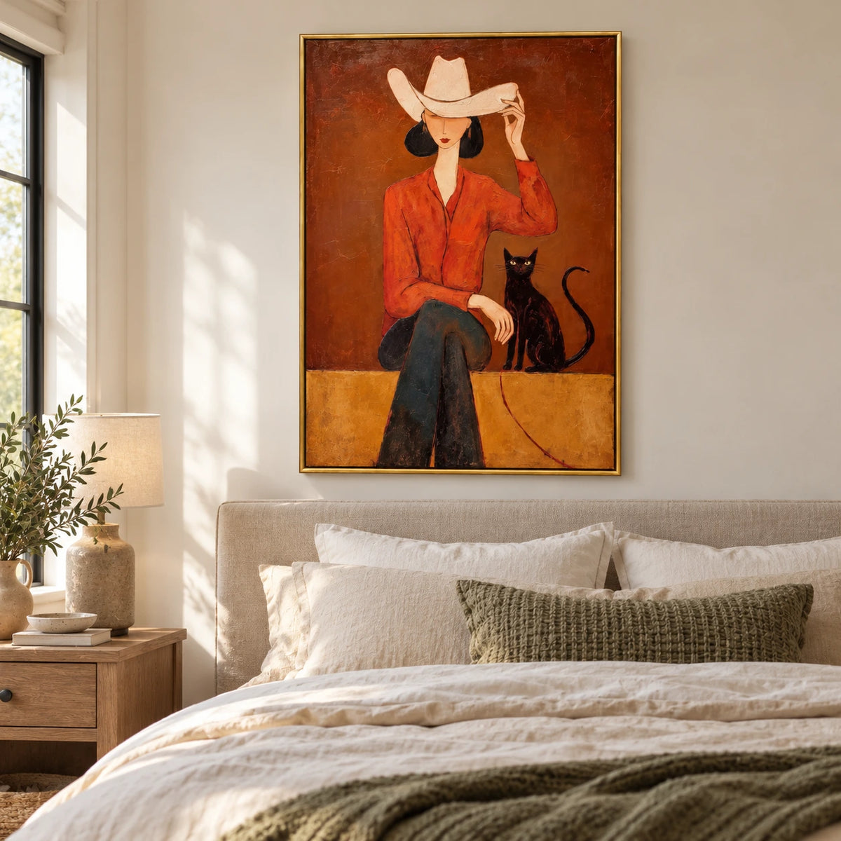 Cowgirl with Black Cat Oil Painting | Cream Cowboy Hat Orange Shirt and Rust Background Figurative Wall Art #OA 1690