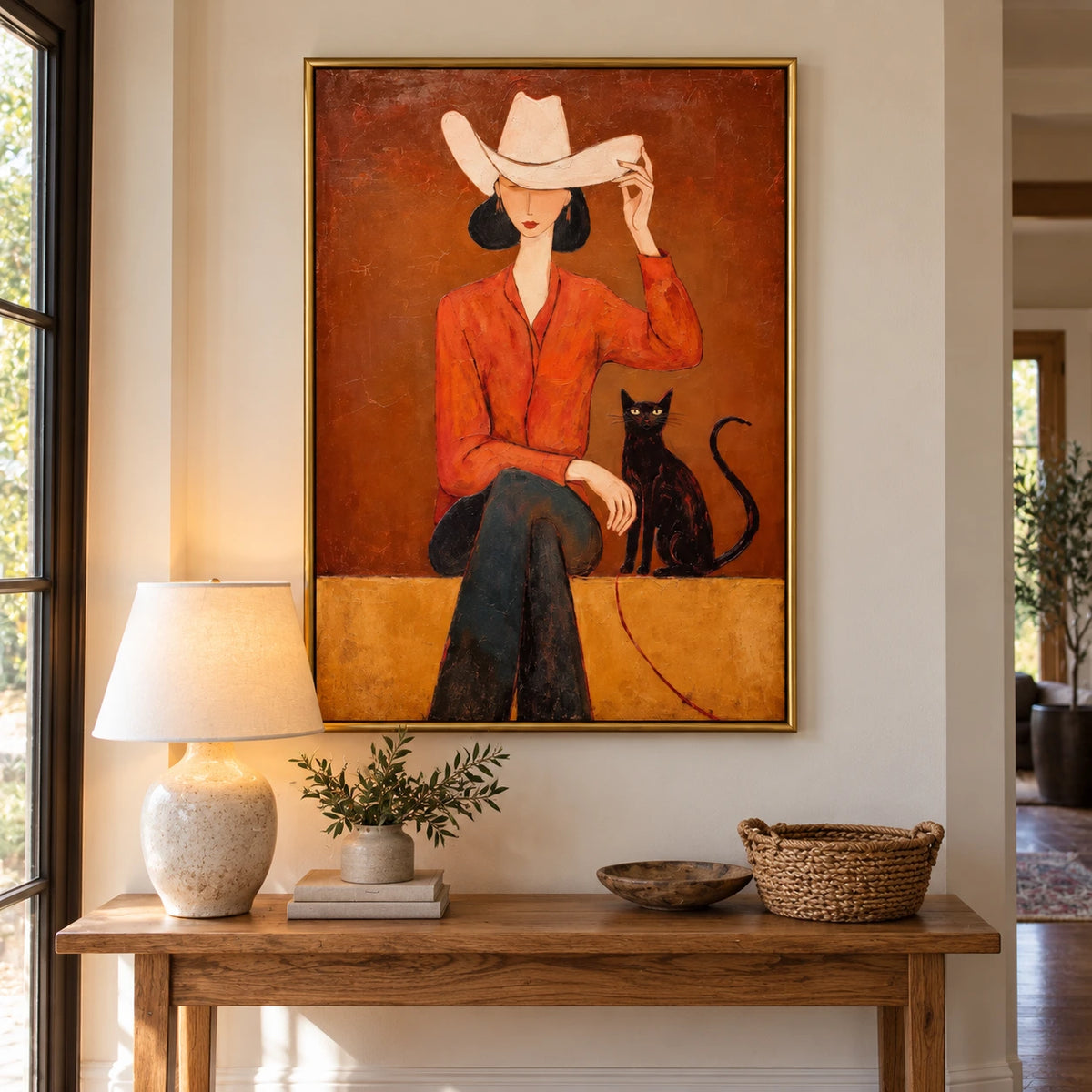 Cowgirl with Black Cat Oil Painting | Cream Cowboy Hat Orange Shirt and Rust Background Figurative Wall Art #OA 1690