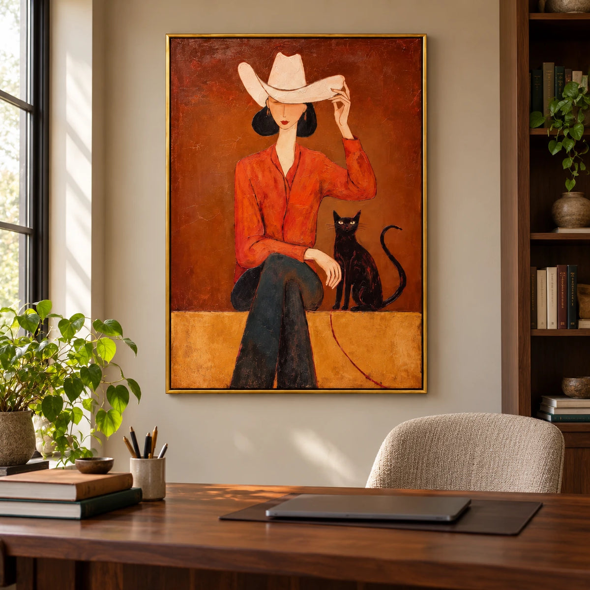 Cowgirl with Black Cat Oil Painting | Cream Cowboy Hat Orange Shirt and Rust Background Figurative Wall Art #OA 1690