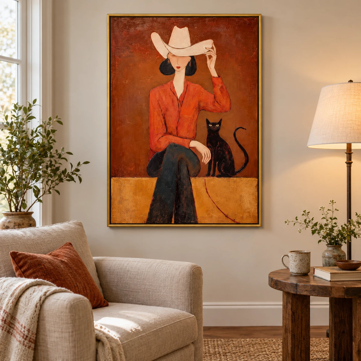 Cowgirl with Black Cat Oil Painting | Cream Cowboy Hat Orange Shirt and Rust Background Figurative Wall Art #OA 1690