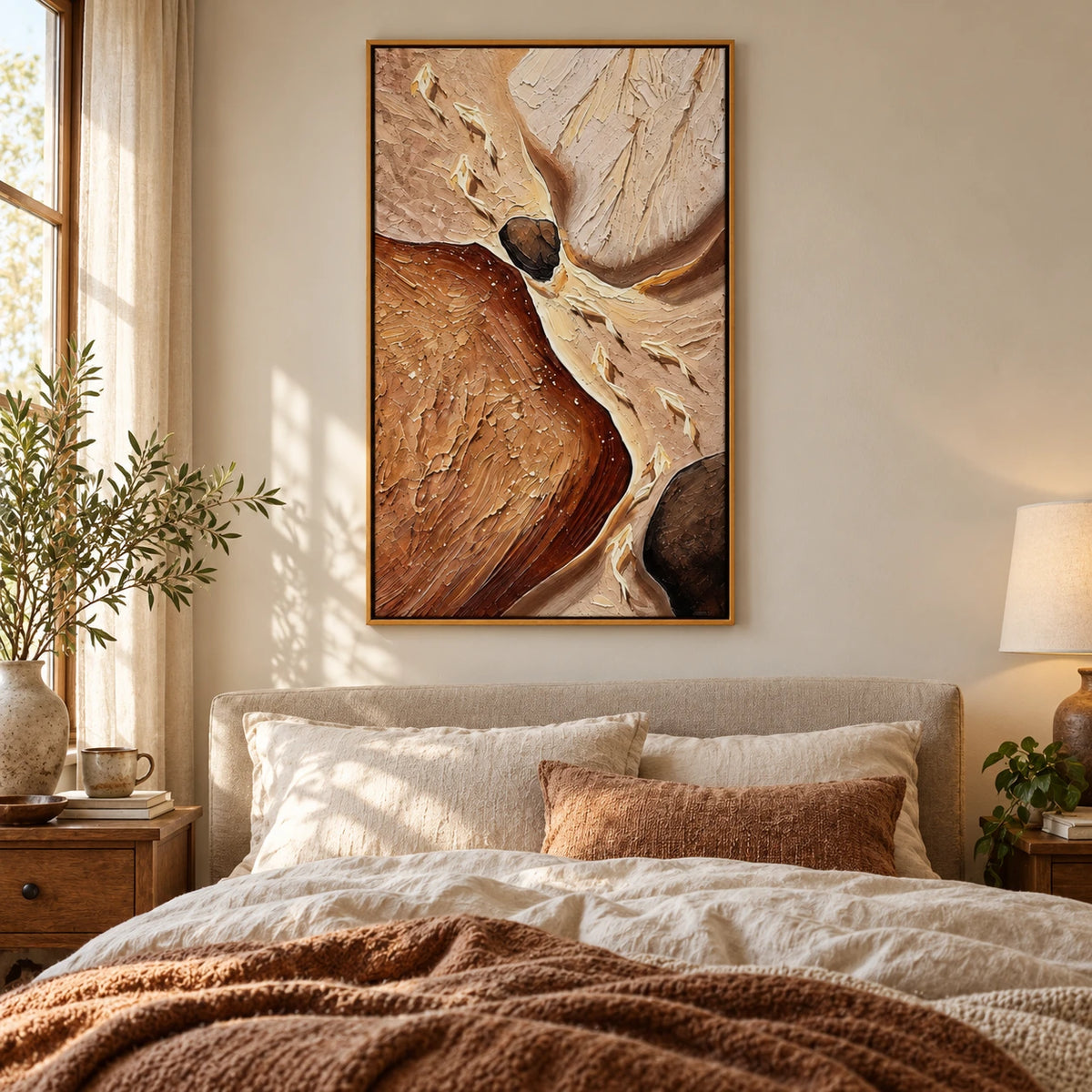 Cream Koi Fish in Earth Tone Stream Oil Painting | Brown Rocks Beige and Rust Textured Vertical Nature Wall Art OA 1739