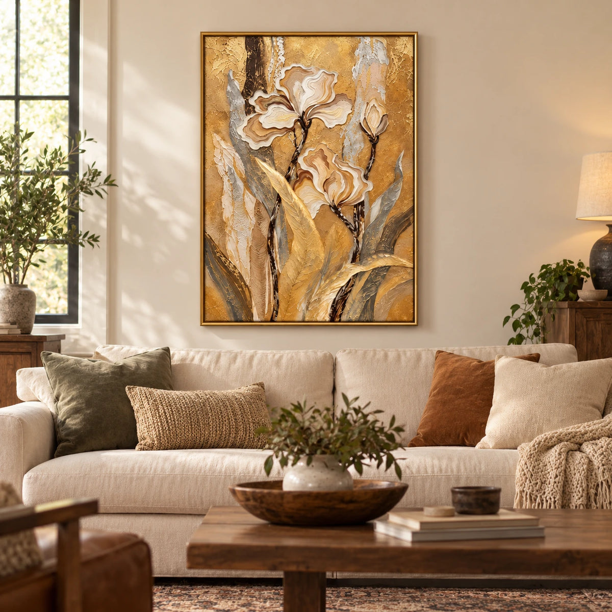 Cream and Beige Flowers on Gold Oil Painting | Raised Petal Lines Grey Leaves Textured Vertical Botanical Wall Art OA 1773