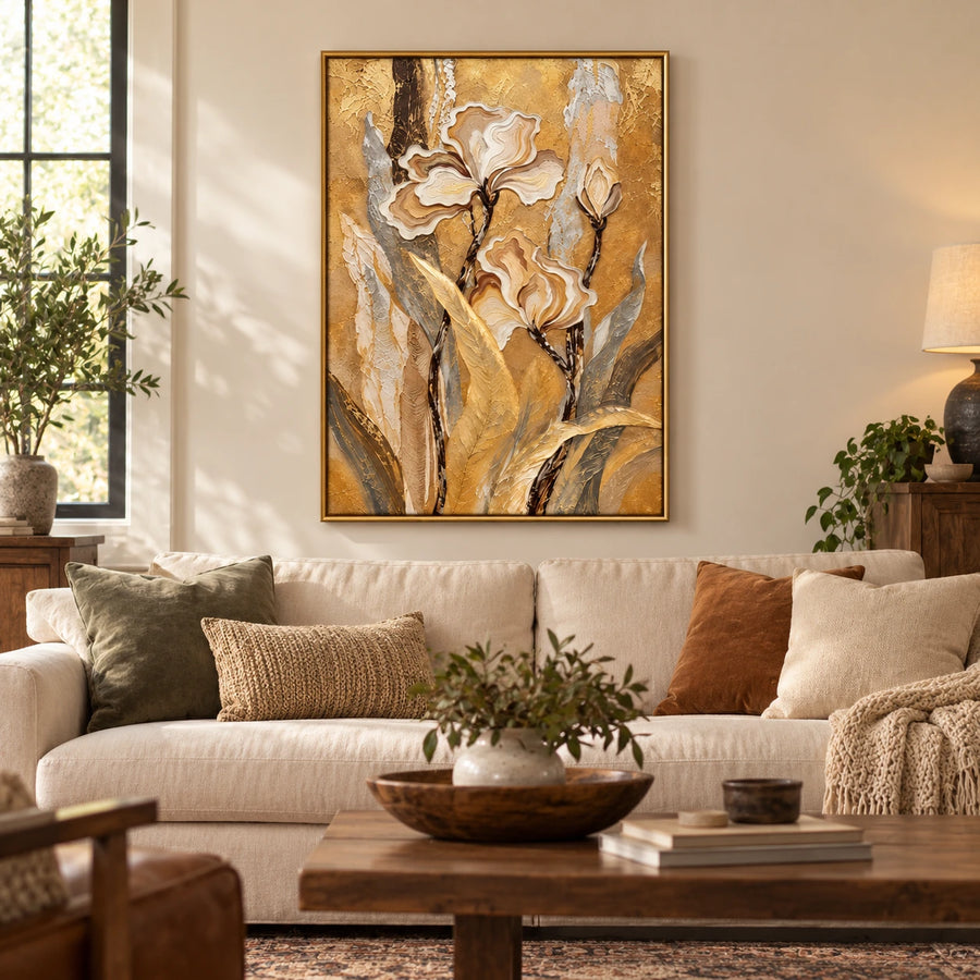 Cream and Beige Flowers on Gold Oil Painting | Raised Petal Lines Grey Leaves Textured Vertical Botanical Wall Art #OA 1773