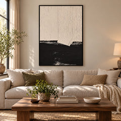 Cream and Black Abstract Oil Painting | Fine Vertical Grooves and Dark Lower Horizon Minimalist Wall Art #OA 1790