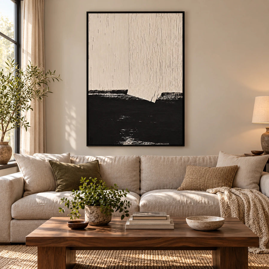 Cream and Black Abstract Oil Painting | Fine Vertical Grooves and Dark Lower Horizon Minimalist Wall Art #OA 1790