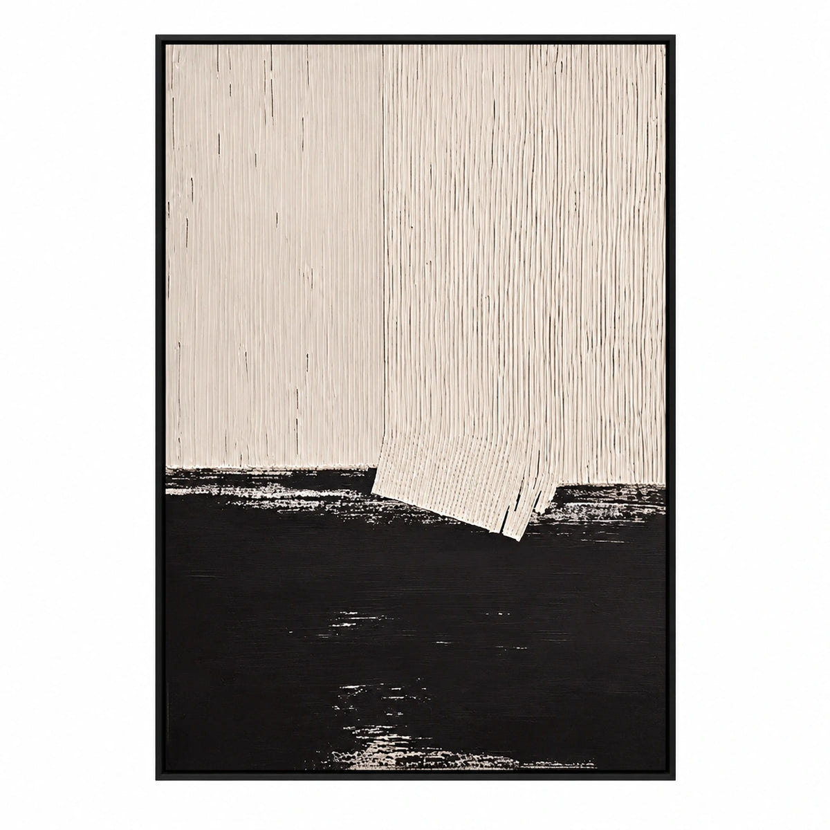 Cream and Black Abstract Oil Painting | Fine Vertical Grooves and Dark Lower Horizon Minimalist Wall Art OA 1790