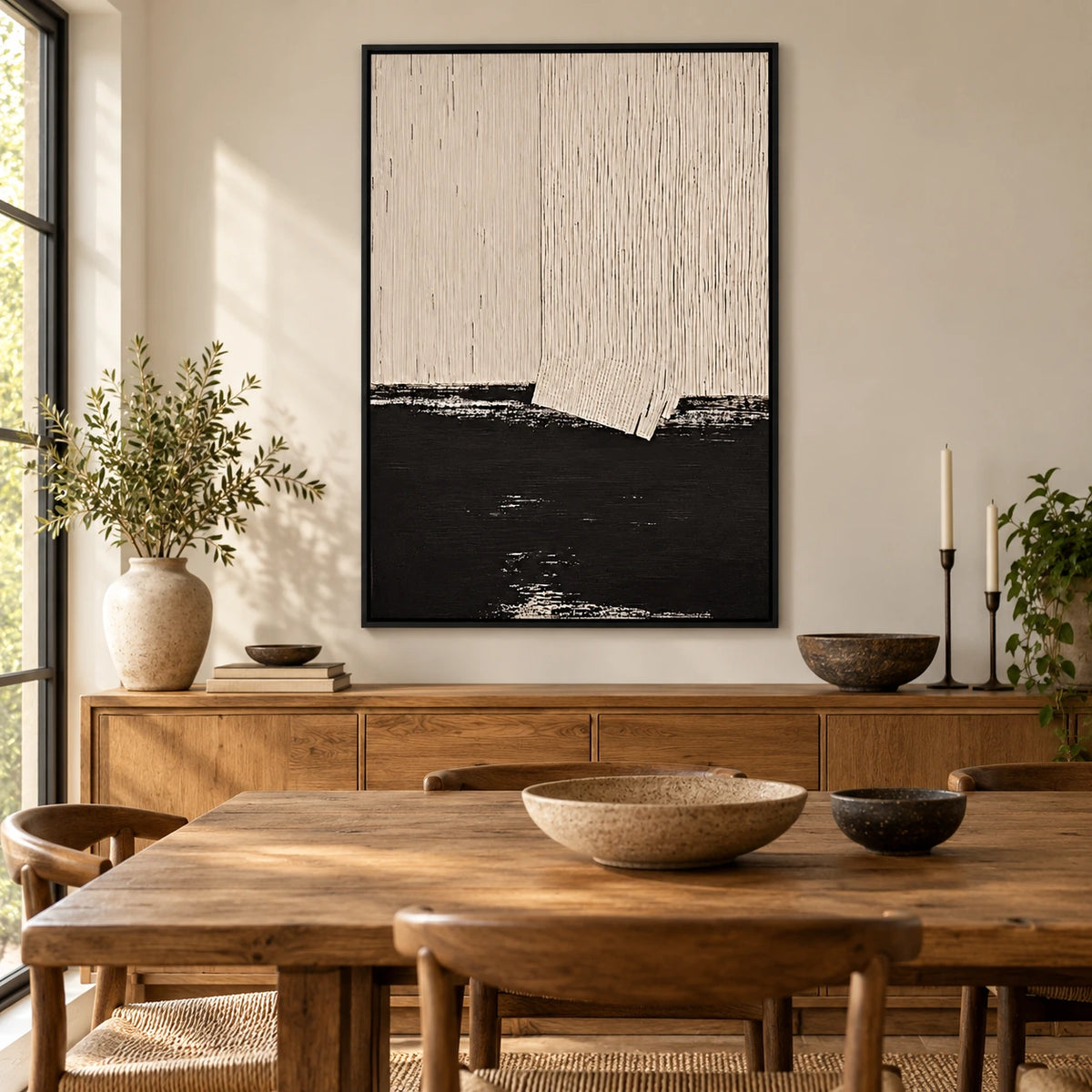 Cream and Black Abstract Oil Painting | Fine Vertical Grooves and Dark Lower Horizon Minimalist Wall Art OA 1790