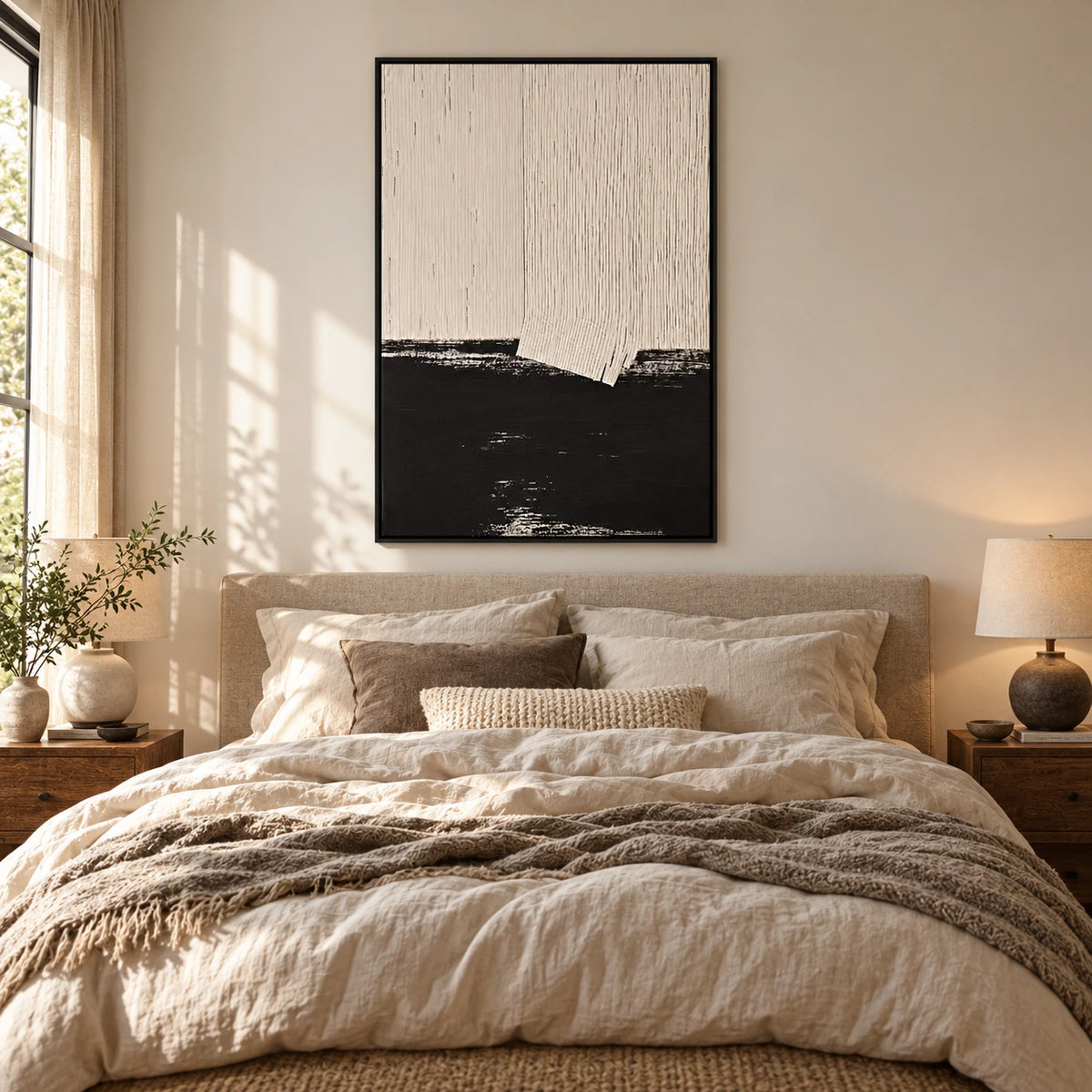 Cream and Black Abstract Oil Painting | Fine Vertical Grooves and Dark Lower Horizon Minimalist Wall Art OA 1790
