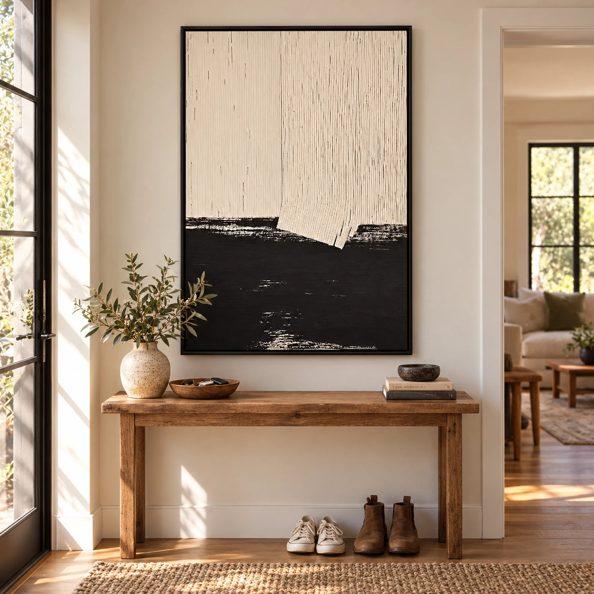 Cream and Black Abstract Oil Painting | Fine Vertical Grooves and Dark Lower Horizon Minimalist Wall Art OA 1790