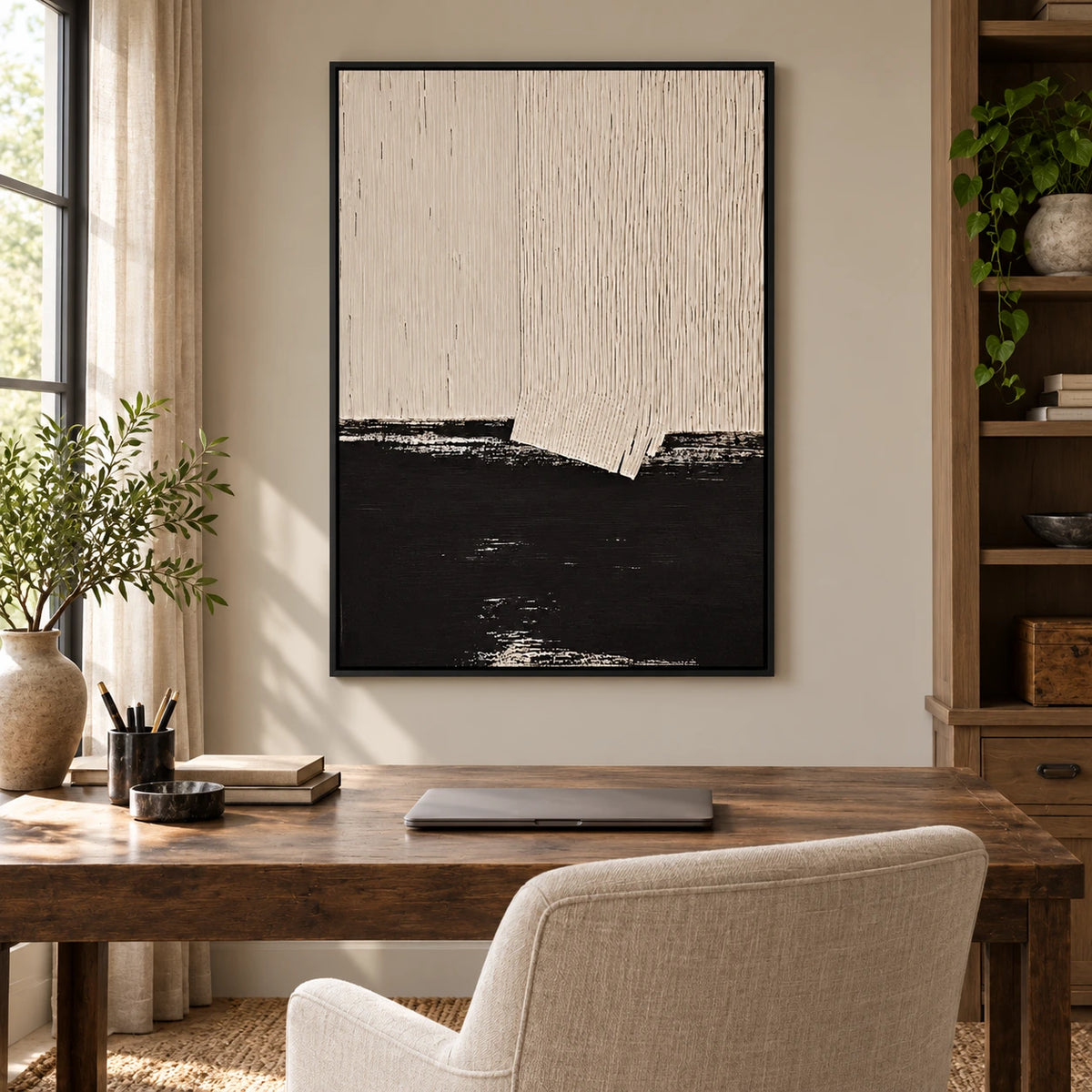 Cream and Black Abstract Oil Painting | Fine Vertical Grooves and Dark Lower Horizon Minimalist Wall Art OA 1790