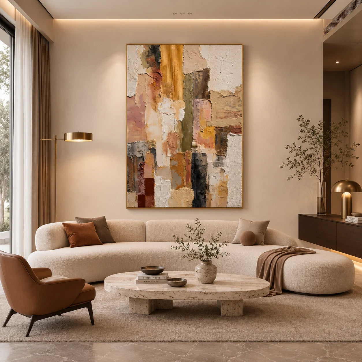 Cream Beige, Blush Pink and Ochre Geometric Textured Abstract Oil Painting – Vertical Wabi-Sabi Neutral Wall Art | Ownanart # OA 1205