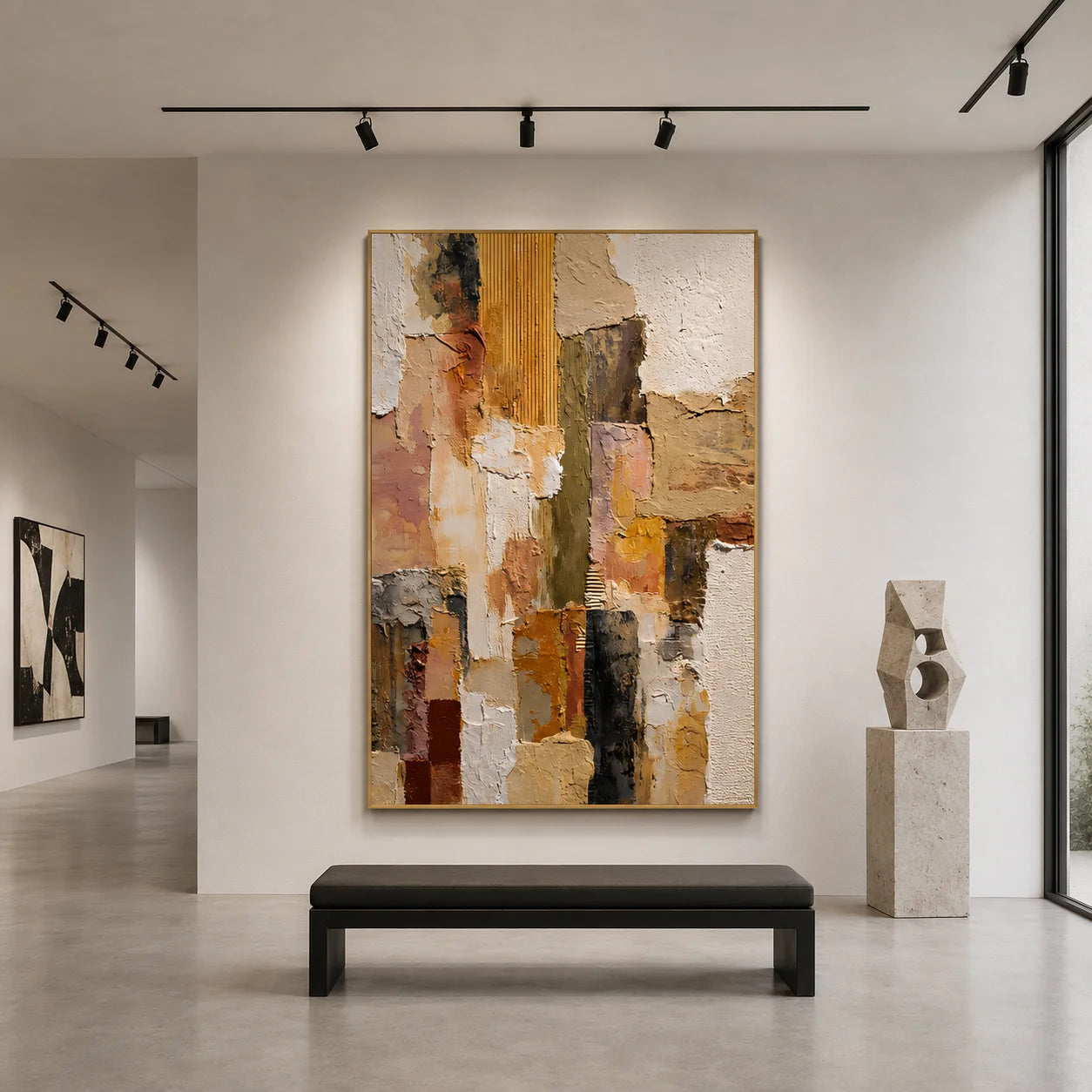 Cream Beige, Blush Pink and Ochre Geometric Textured Abstract Oil Painting – Vertical Wabi-Sabi Neutral Wall Art | Ownanart # OA 1205