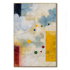 Cream, Sky Blue and Mustard Yellow Celestial Orbit Geometric Hand-Painted Oil Painting – Vertical Mid-Century Modern Wall Art | Ownanart # OA 1207