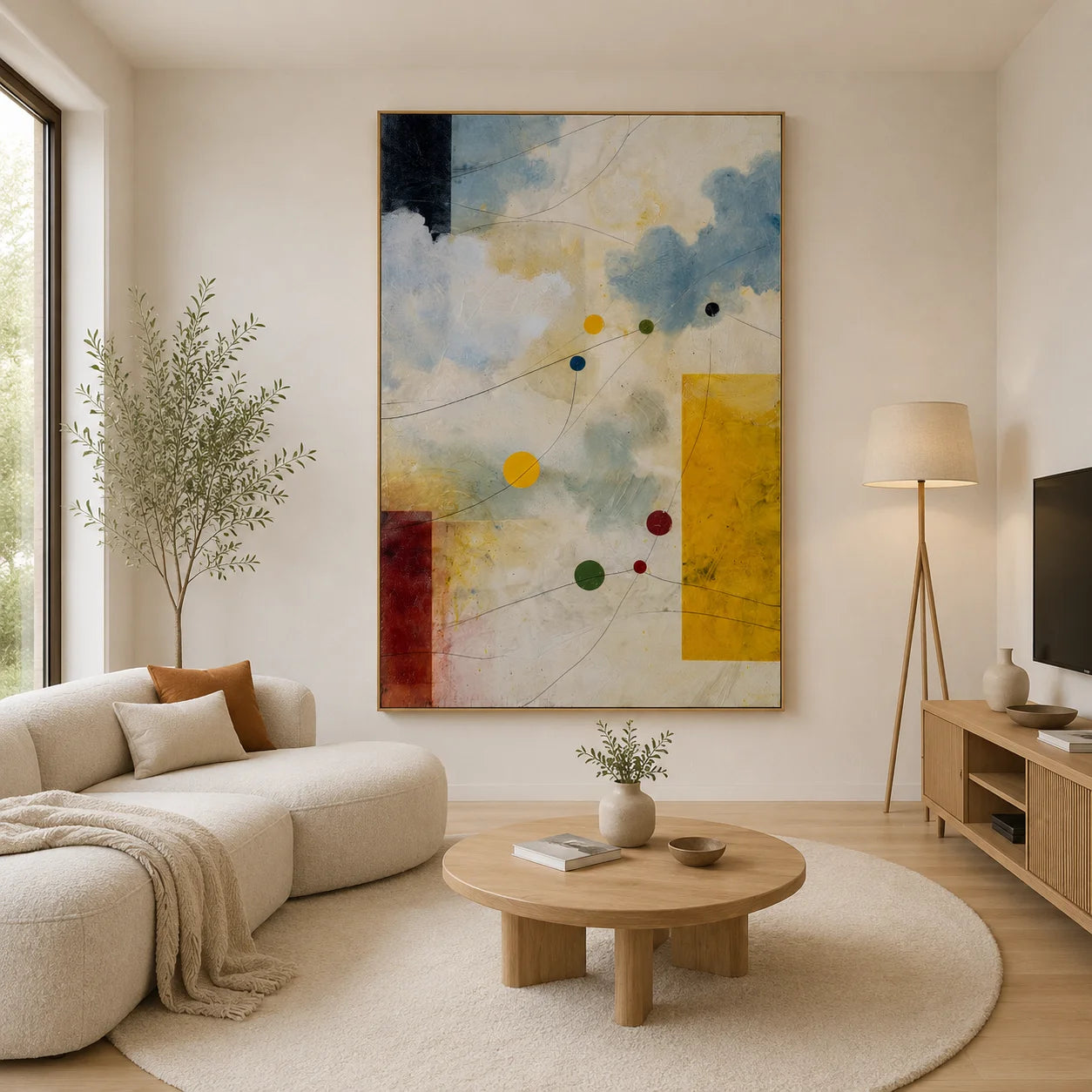 Cream, Sky Blue and Mustard Yellow Celestial Orbit Geometric Hand-Painted Oil Painting – Vertical Mid-Century Modern Wall Art | Ownanart # OA 1207