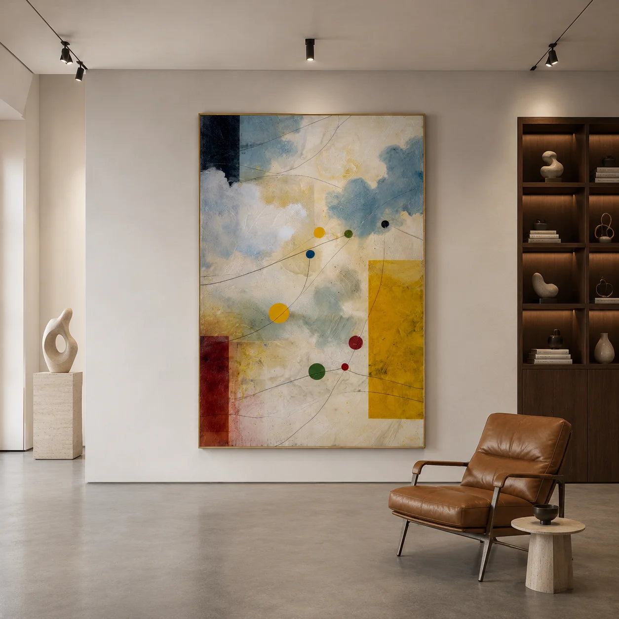 Cream, Sky Blue and Mustard Yellow Celestial Orbit Geometric Hand-Painted Oil Painting – Vertical Mid-Century Modern Wall Art | Ownanart # OA 1207