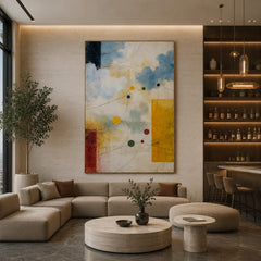 Cream, Sky Blue and Mustard Yellow Celestial Orbit Geometric Hand-Painted Oil Painting – Vertical Mid-Century Modern Wall Art | Ownanart # OA 1207