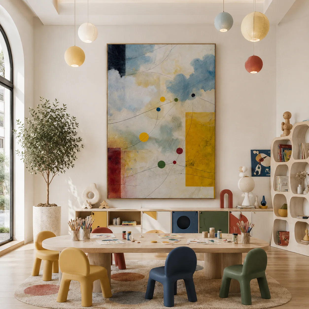 Cream, Sky Blue and Mustard Yellow Celestial Orbit Geometric Hand-Painted Oil Painting – Vertical Mid-Century Modern Wall Art | Ownanart # OA 1207