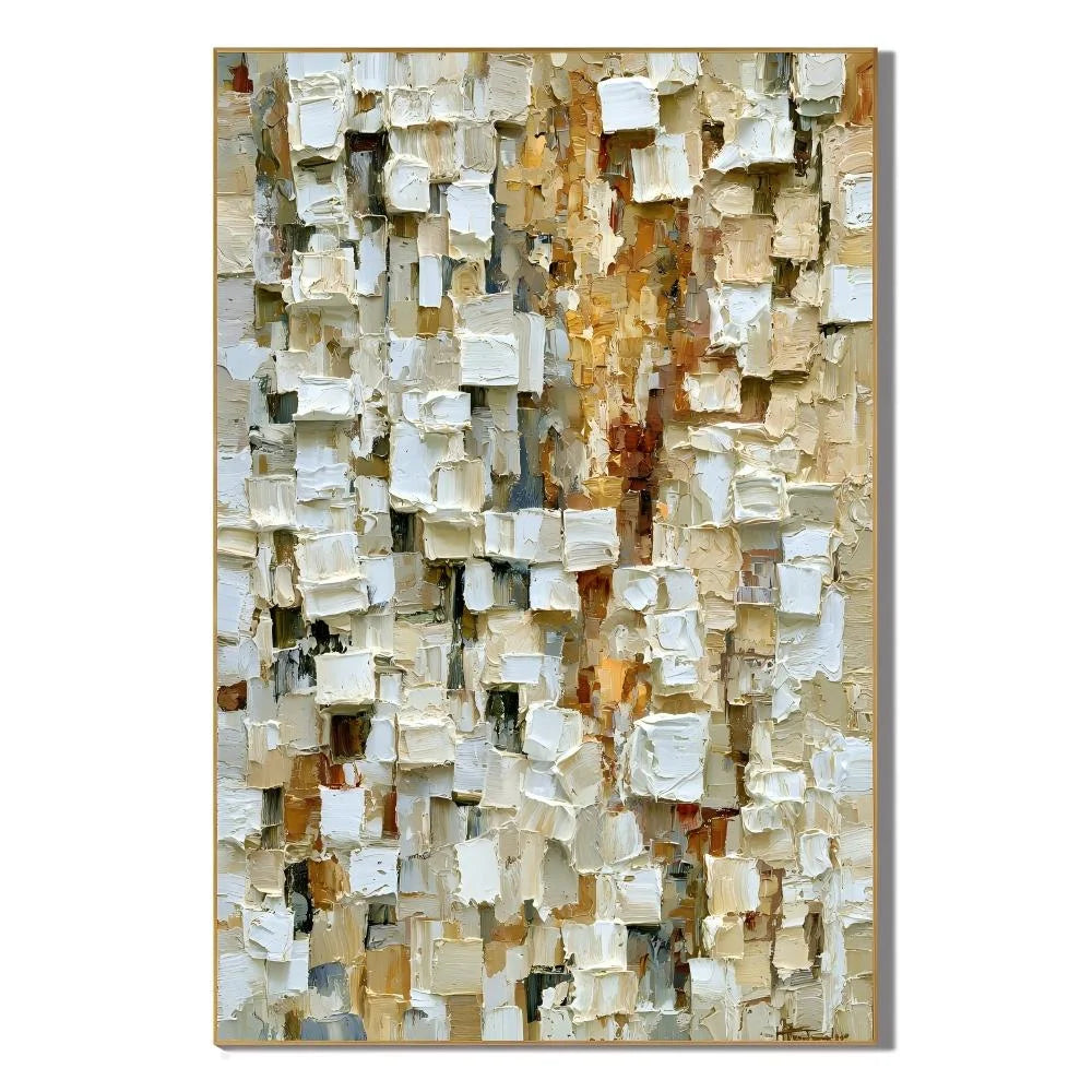 Cream White, Beige and Warm Gold Mosaic Block Textured Abstract Oil Painting – Vertical Neutral Impasto Wall Art | Ownanart # OA 1210
