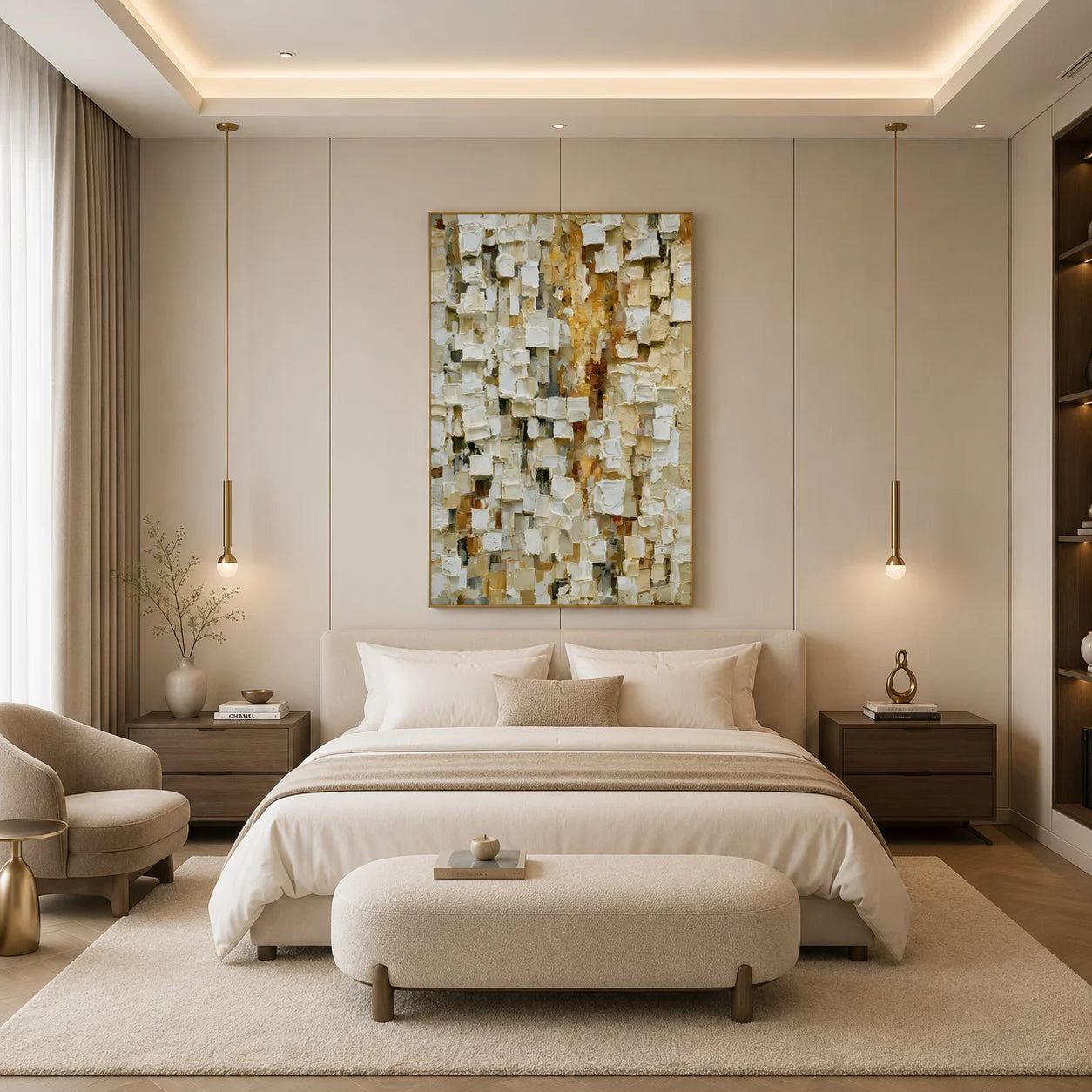 Cream White, Beige and Warm Gold Mosaic Block Textured Abstract Oil Painting – Vertical Neutral Impasto Wall Art | Ownanart # OA 1210