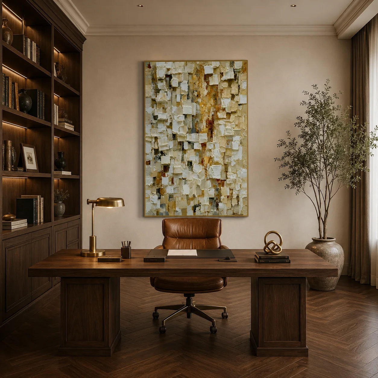 Cream White, Beige and Warm Gold Mosaic Block Textured Abstract Oil Painting – Vertical Neutral Impasto Wall Art | Ownanart # OA 1210