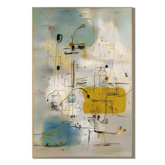 Cream White, Misty Blue and Mustard Yellow Line and Shape Abstract Hand-Painted Oil Painting – Vertical Mid-Century Minimalist Geometric Wall Art | Ownanart # OA 1221