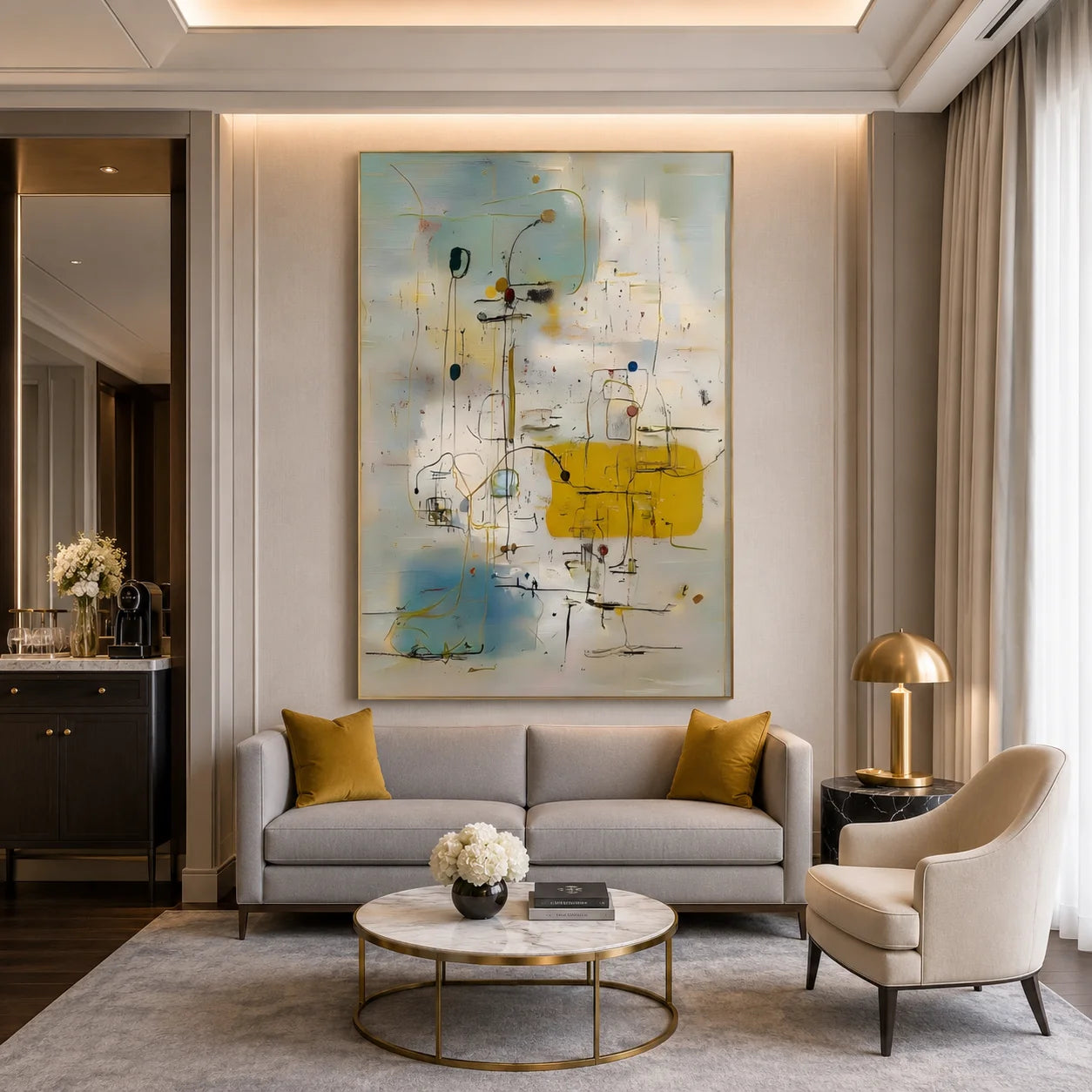 Cream White, Misty Blue and Mustard Yellow Line and Shape Abstract Hand-Painted Oil Painting – Vertical Mid-Century Minimalist Geometric Wall Art | Ownanart # OA 1221