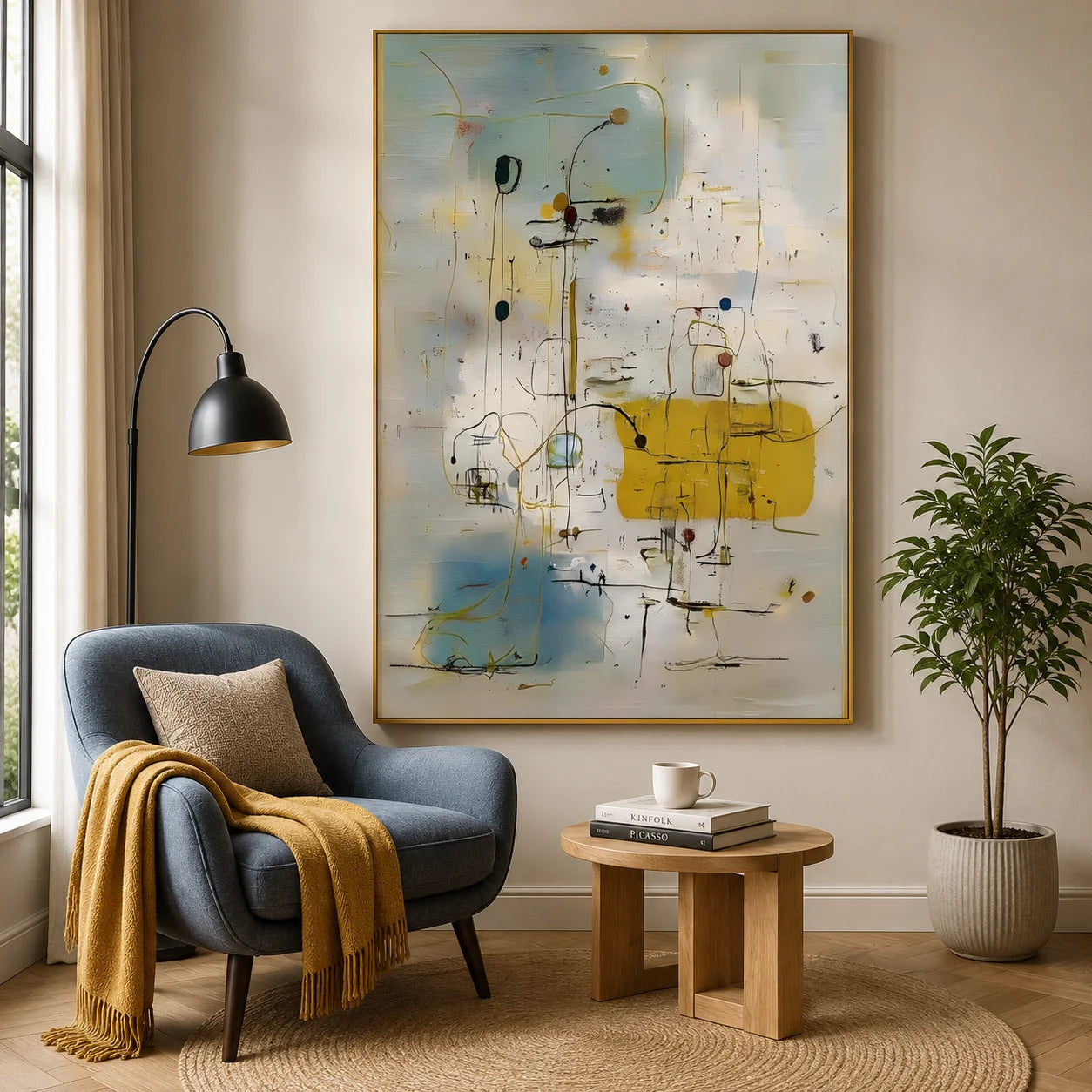 Cream White, Misty Blue and Mustard Yellow Line and Shape Abstract Hand-Painted Oil Painting – Vertical Mid-Century Minimalist Geometric Wall Art | Ownanart # OA 1221