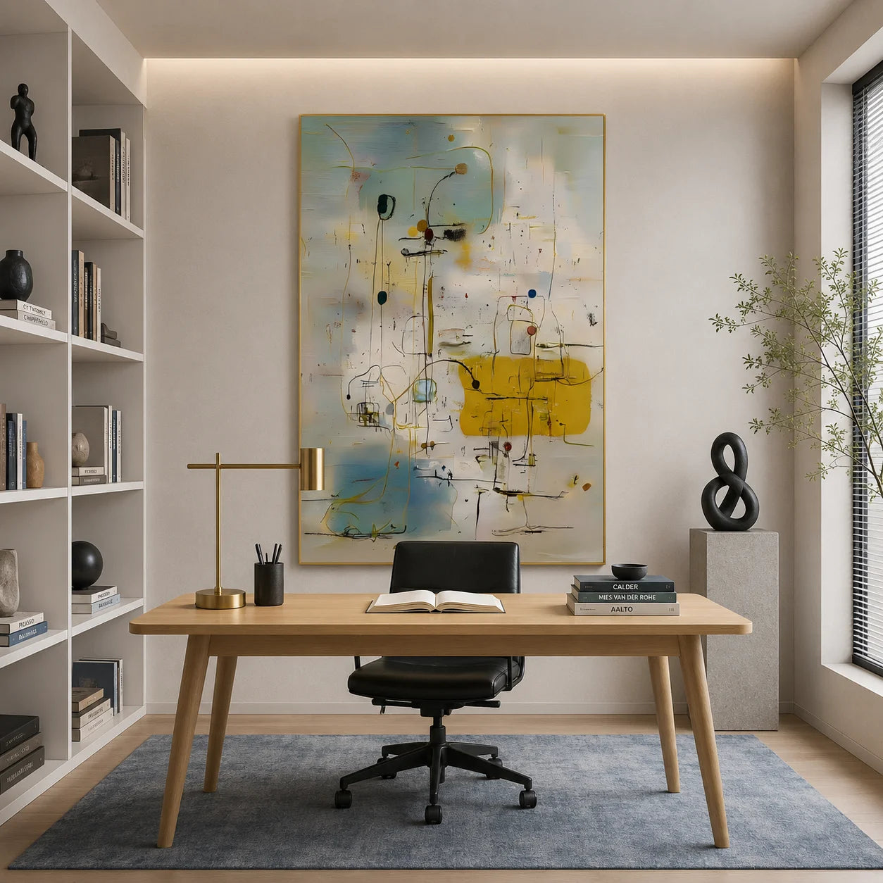 Cream White, Misty Blue and Mustard Yellow Line and Shape Abstract Hand-Painted Oil Painting – Vertical Mid-Century Minimalist Geometric Wall Art | Ownanart # OA 1221