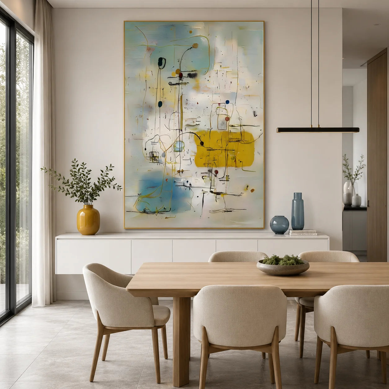Cream White, Misty Blue and Mustard Yellow Line and Shape Abstract Hand-Painted Oil Painting – Vertical Mid-Century Minimalist Geometric Wall Art | Ownanart # OA 1221