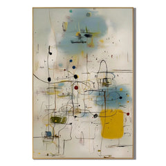 Cream White, Sky Blue and Mustard Yellow Line and Dot Geometric Abstract Hand-Painted Oil Painting – Vertical Mid-Century Modern Wall Art | Ownanart # OA 1220