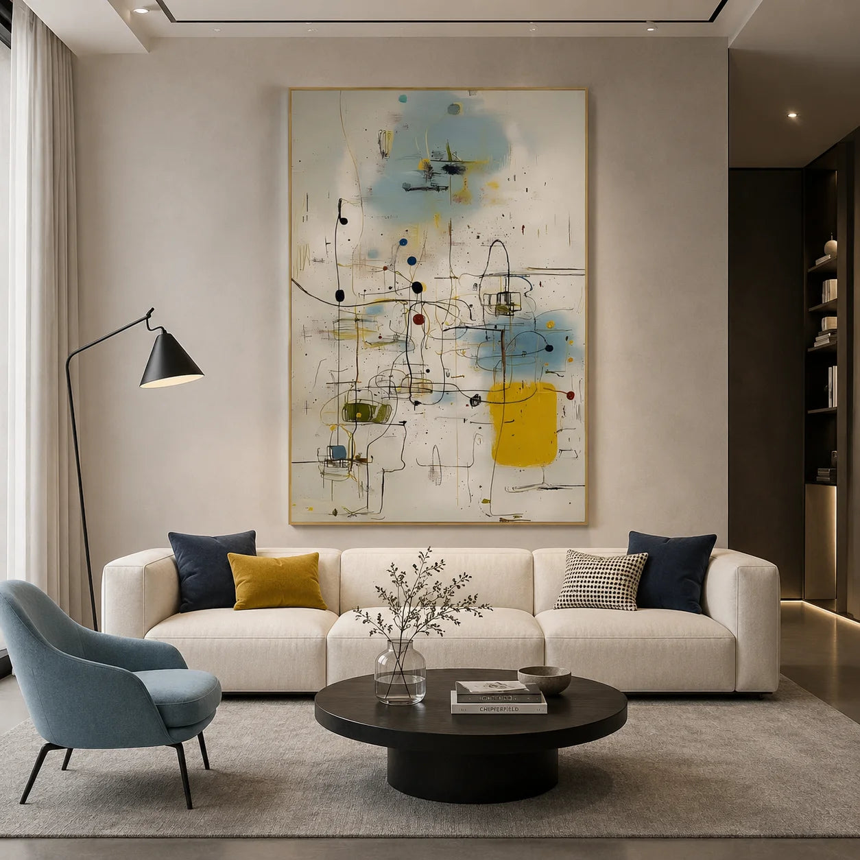 Cream White, Sky Blue and Mustard Yellow Line and Dot Geometric Abstract Hand-Painted Oil Painting – Vertical Mid-Century Modern Wall Art | Ownanart # OA 1220