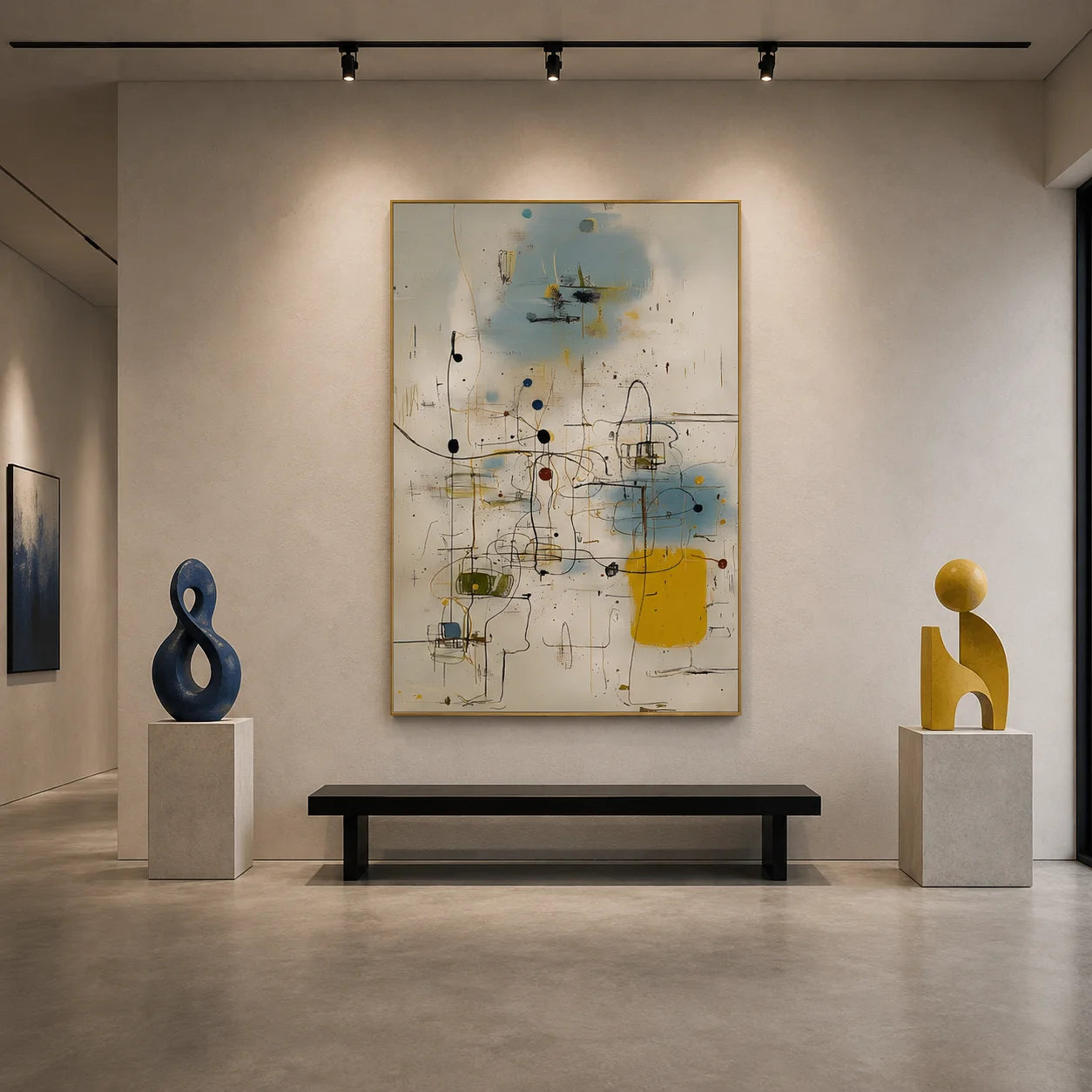 Cream White, Sky Blue and Mustard Yellow Line and Dot Geometric Abstract Hand-Painted Oil Painting – Vertical Mid-Century Modern Wall Art | Ownanart # OA 1220