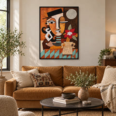 Cubist Woman with Red Flower Oil Painting | Black Hat Ochre Face Turquoise Accents and Vase Vertical Portrait Wall Art #OA 1764