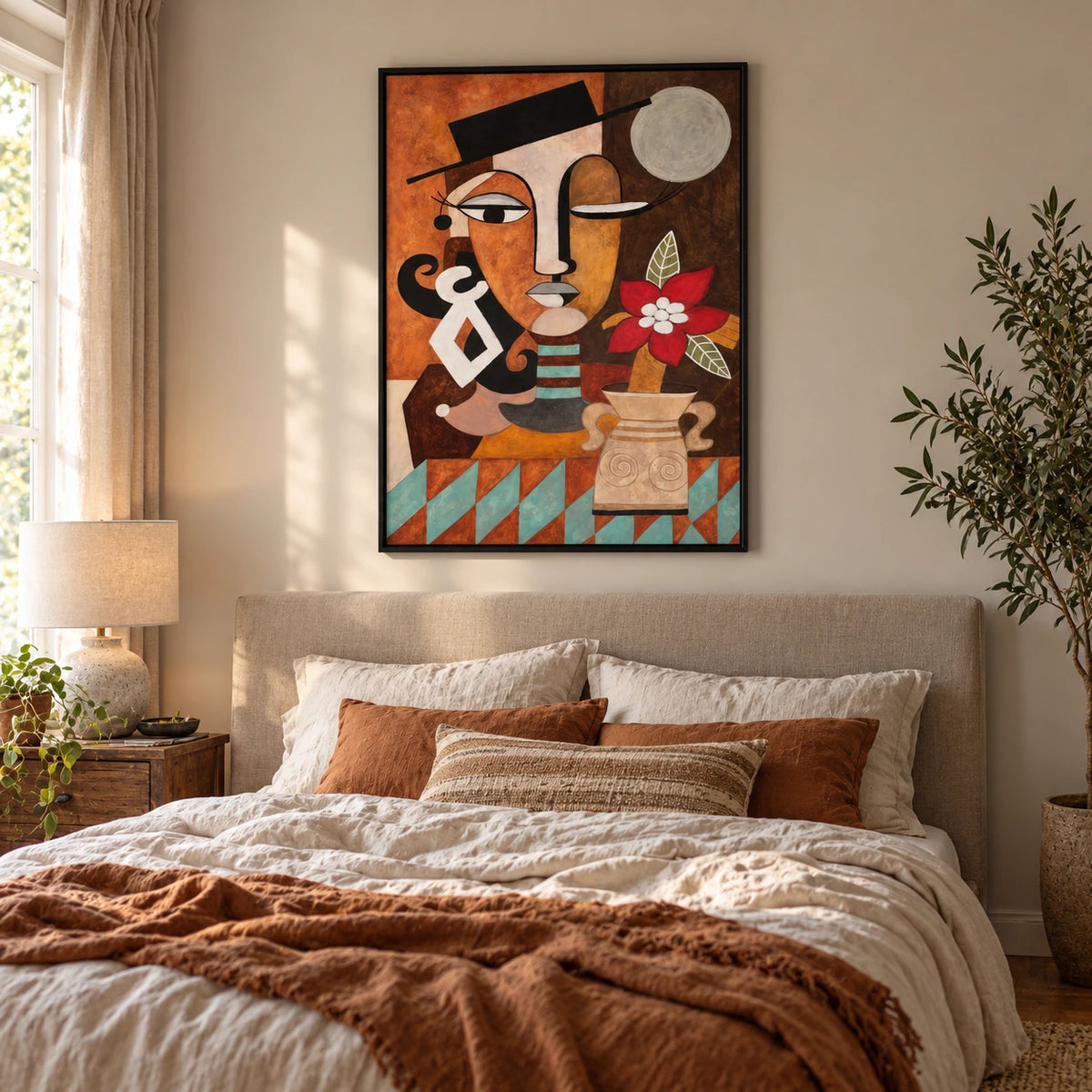 Cubist Woman with Red Flower Oil Painting | Black Hat Ochre Face Turquoise Accents and Vase Vertical Portrait Wall Art OA 1764