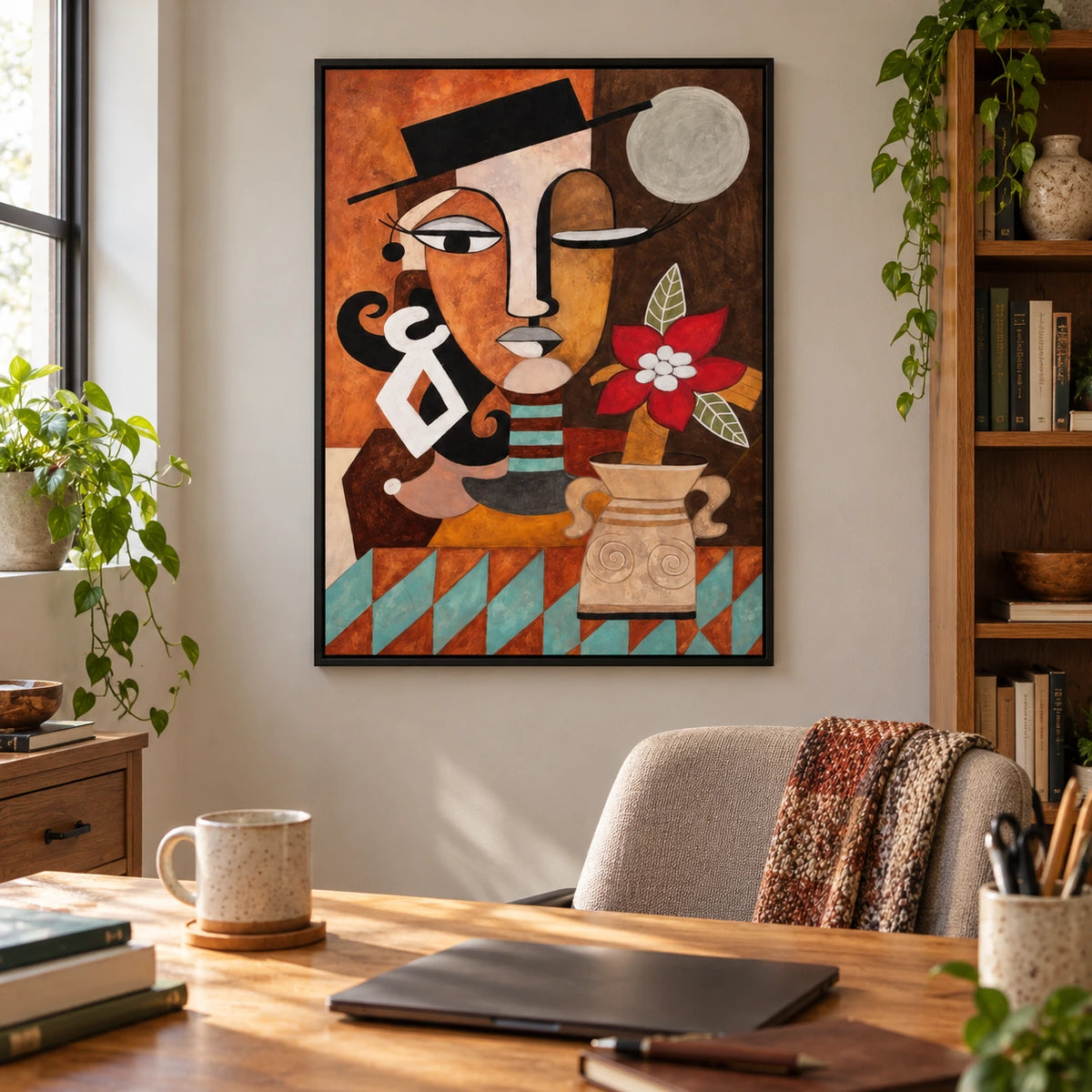 Cubist Woman with Red Flower Oil Painting | Black Hat Ochre Face Turquoise Accents and Vase Vertical Portrait Wall Art OA 1764